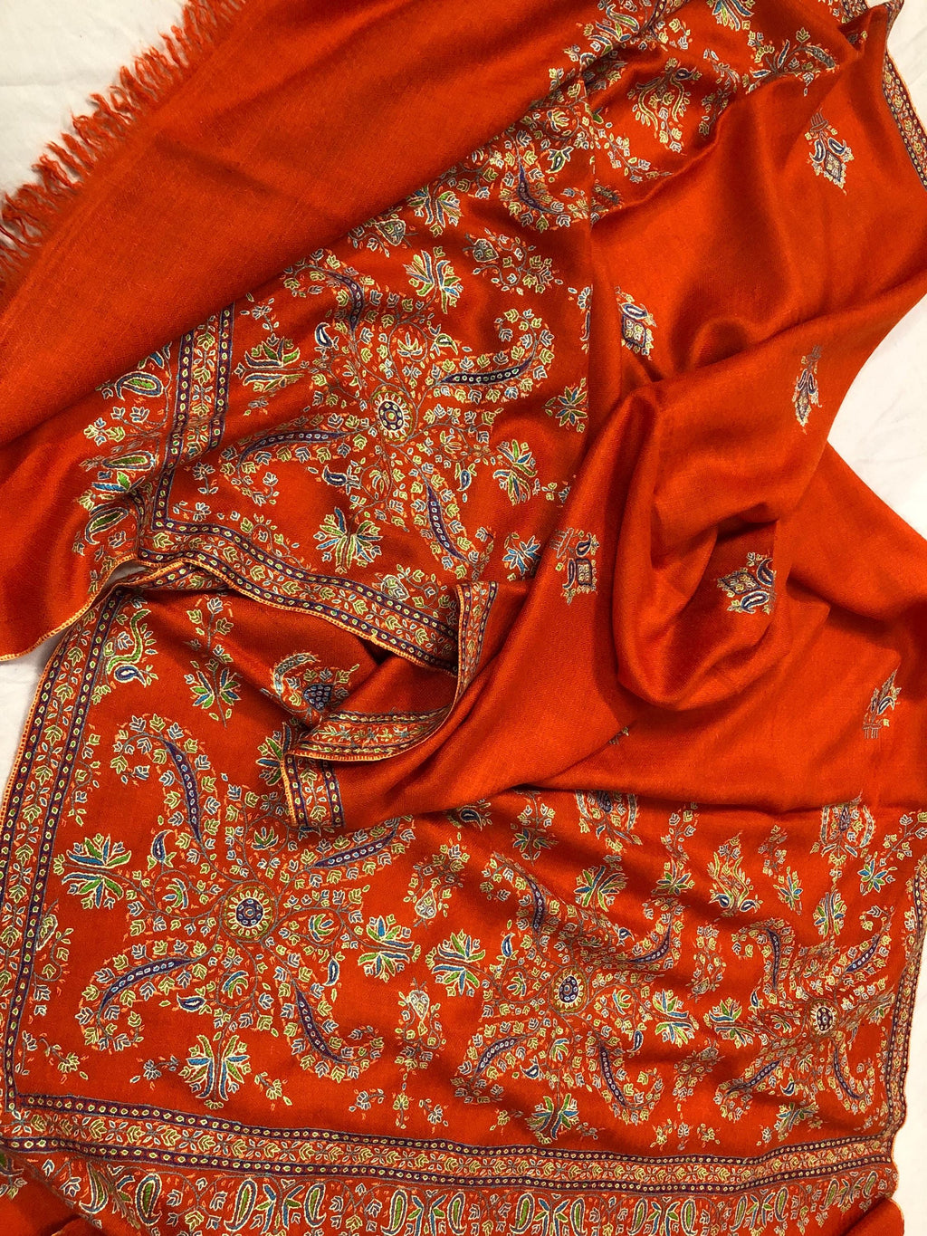 Orangeade super micro fine hand embroidered palla handwoven real cashmere pashmina wrap stole shawl - Mehraj Crafts 