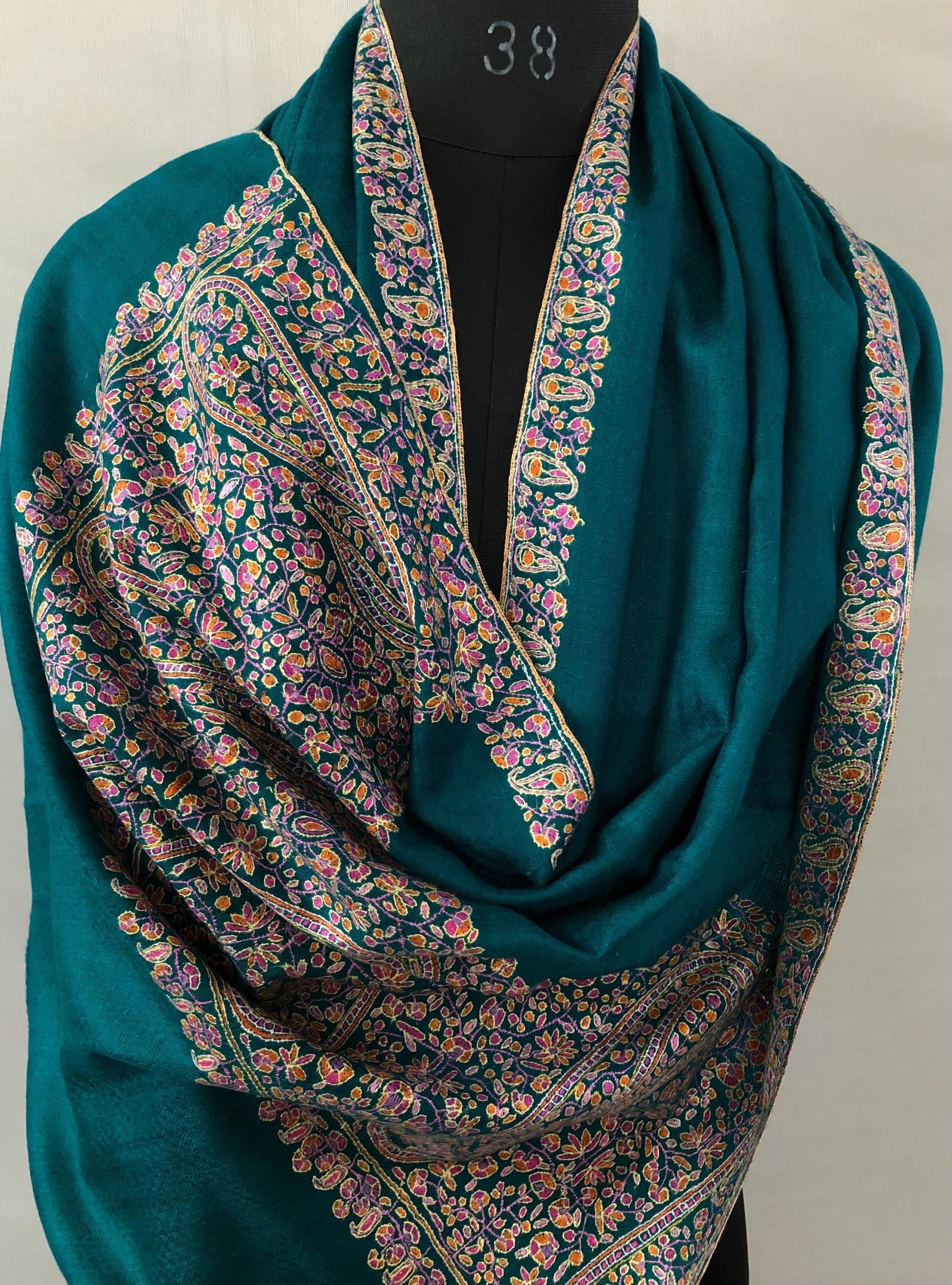 Deep teal blue artisanal Sozni micro fine hand embroidered palla authentic cashmere pashmina stole shawl - Mehraj Crafts 