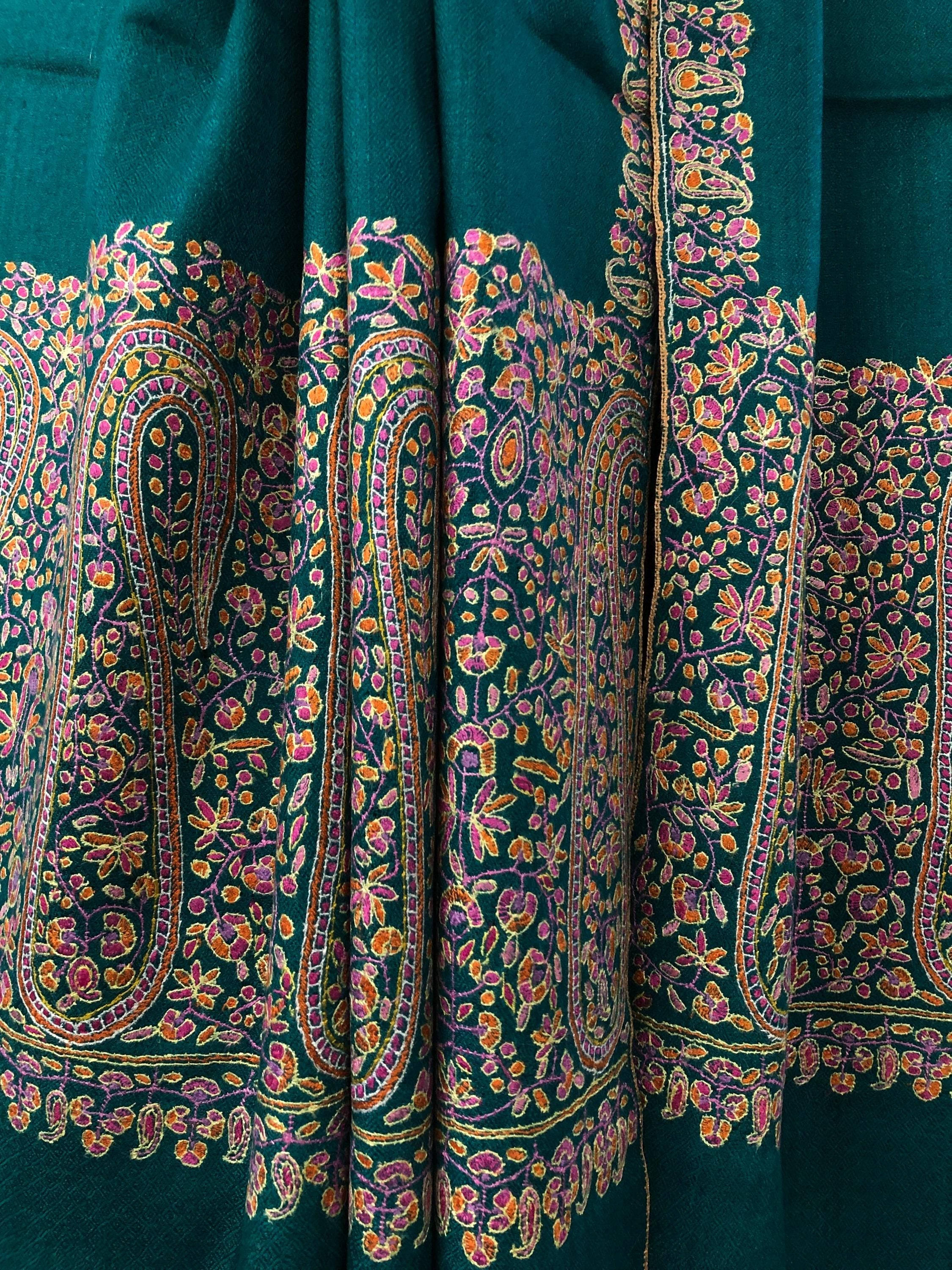 Deep teal blue artisanal Sozni micro fine hand embroidered palla authentic cashmere pashmina stole shawl - Mehraj Crafts 