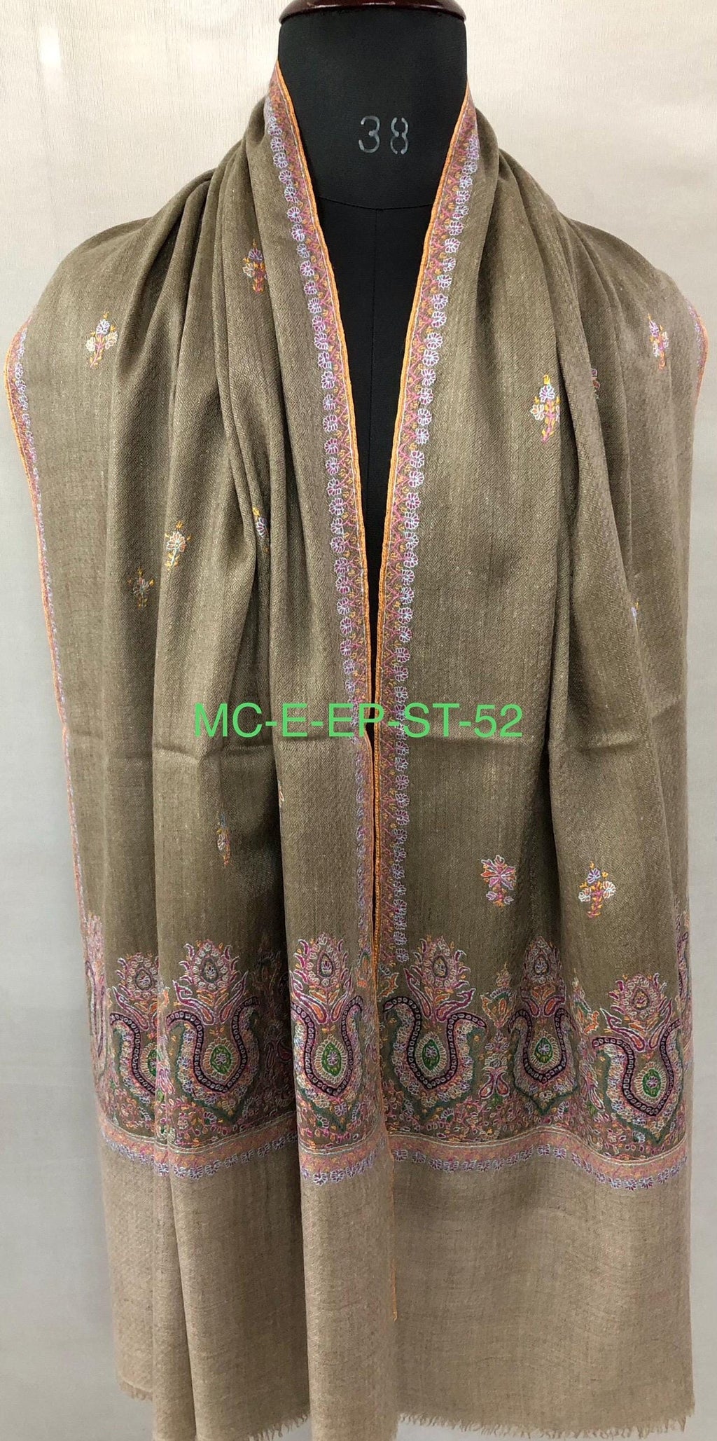 Walnut grey Sozni micro fine hand embroidered palla and booties authentic cashmere pashmina stole shawl | soft and luxurious - Mehraj Crafts 