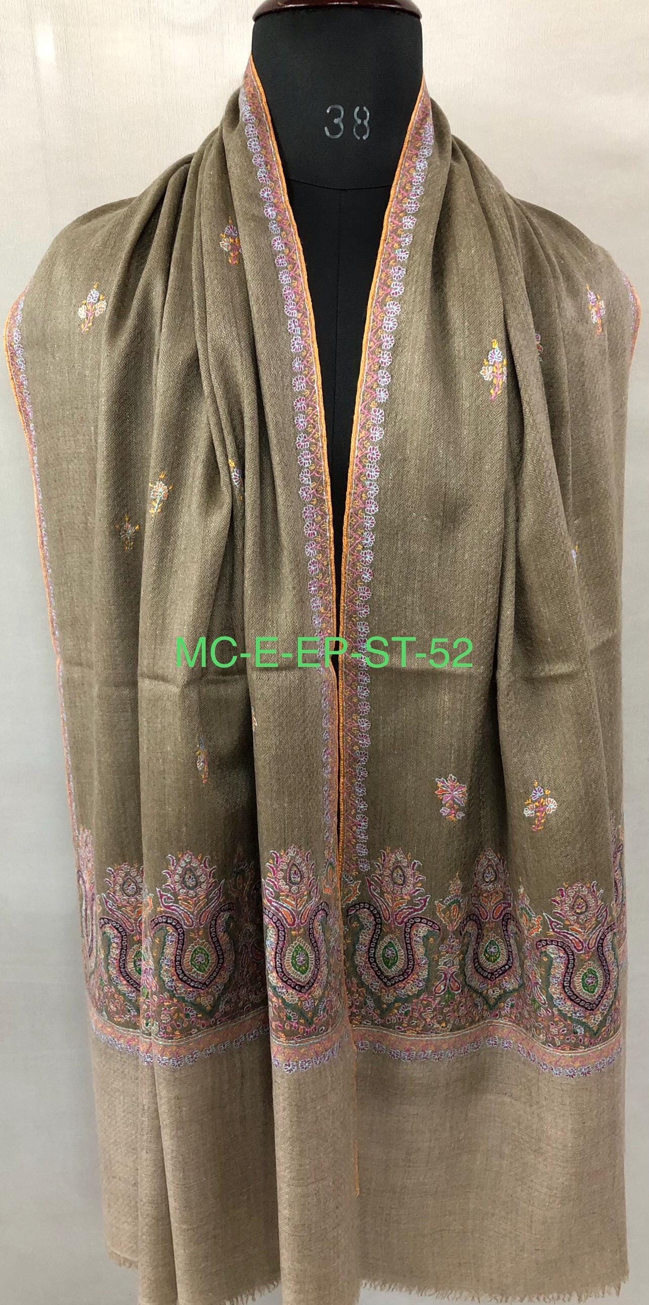 Walnut grey Sozni micro fine hand embroidered palla and booties authentic cashmere pashmina stole shawl | soft and luxurious - Mehraj Crafts 