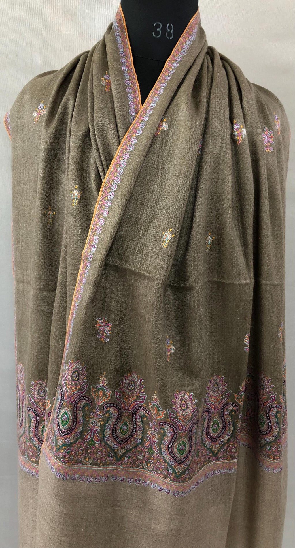 Walnut grey Sozni micro fine hand embroidered palla and booties authentic cashmere pashmina stole shawl | soft and luxurious - Mehraj Crafts 