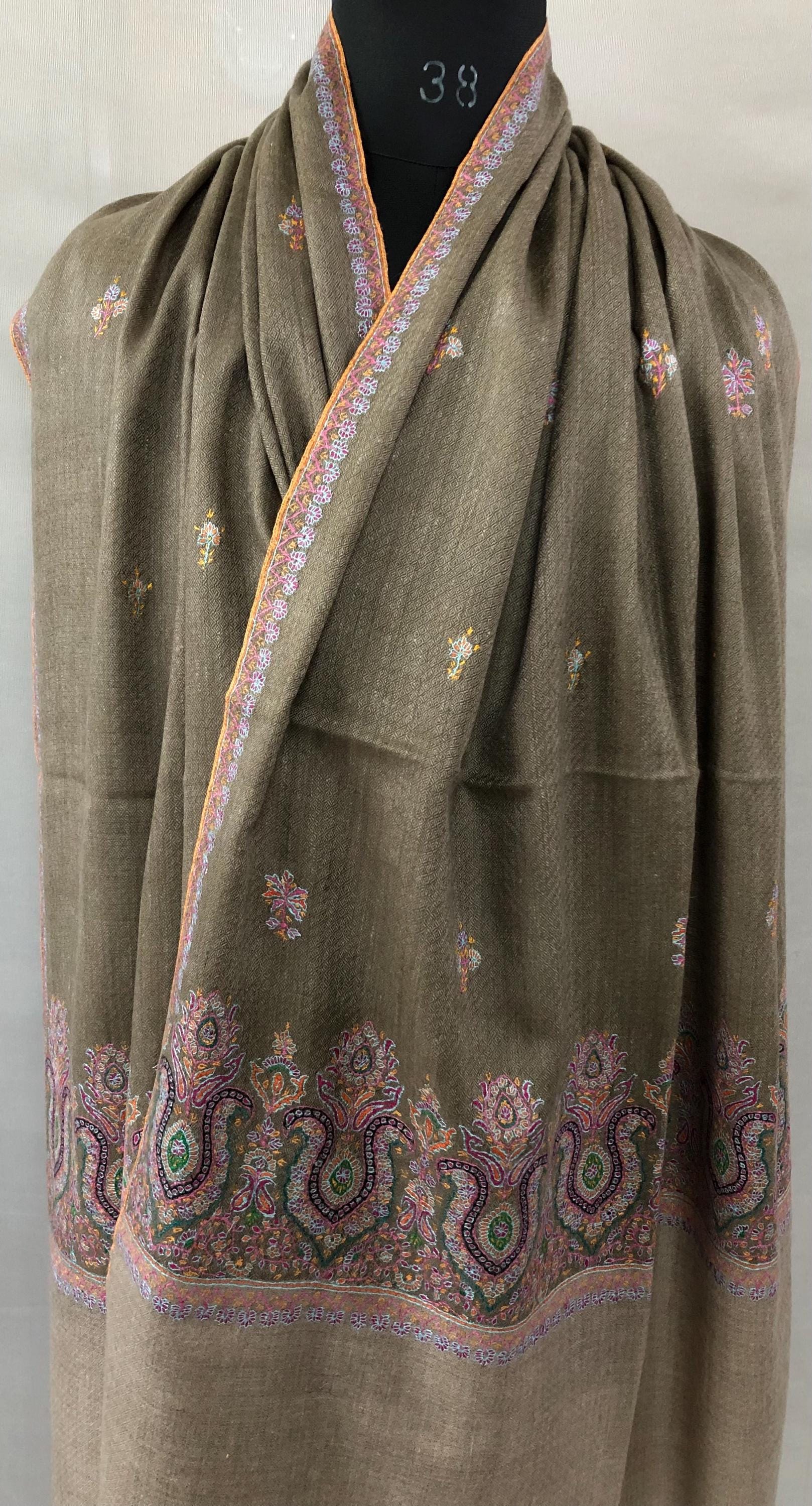 Walnut grey Sozni micro fine hand embroidered palla and booties authentic cashmere pashmina stole shawl | soft and luxurious - Mehraj Crafts 