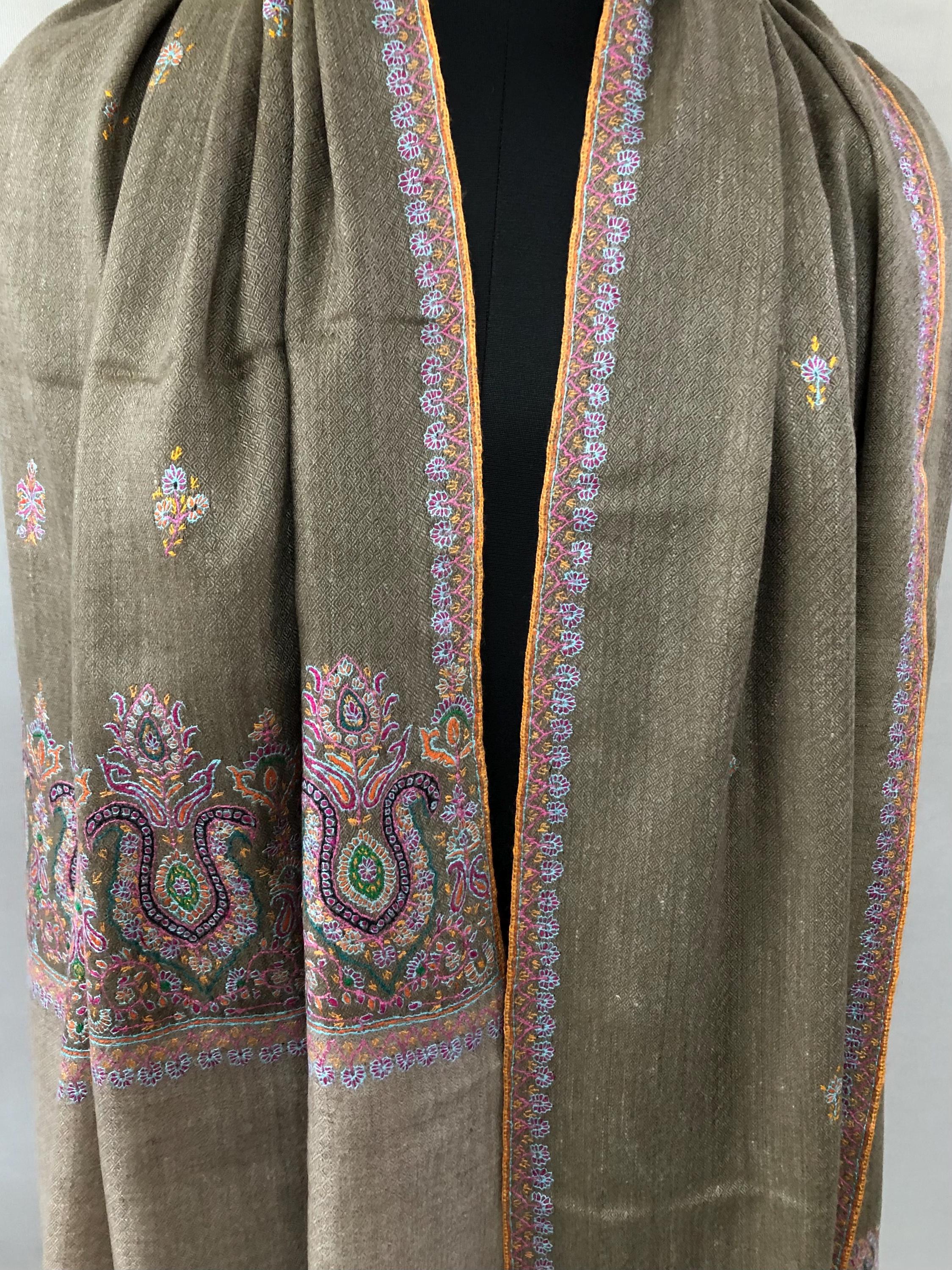 Walnut grey Sozni micro fine hand embroidered palla and booties authentic cashmere pashmina stole shawl | soft and luxurious - Mehraj Crafts 