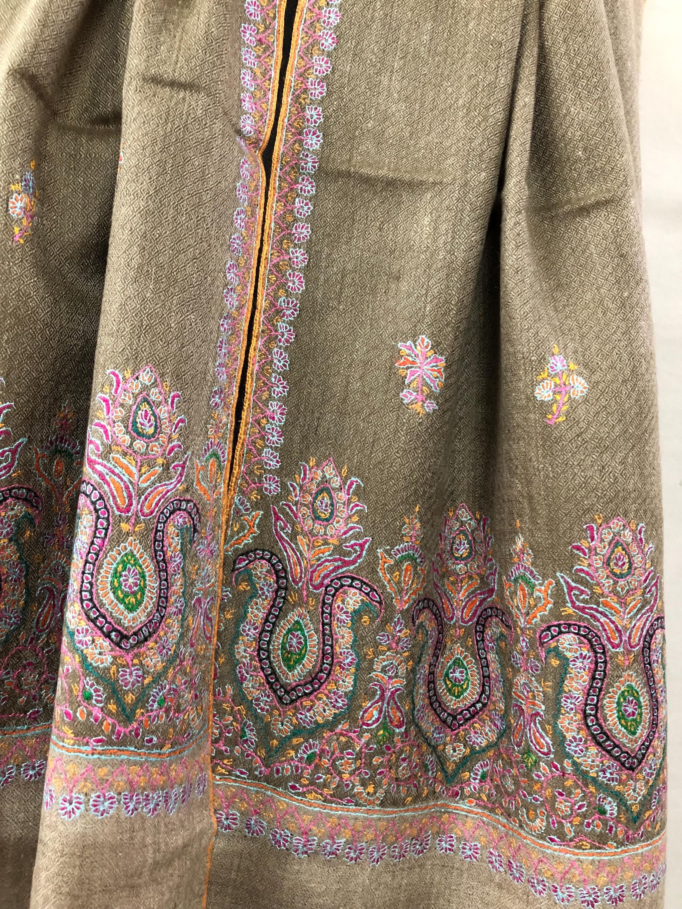 Walnut grey Sozni micro fine hand embroidered palla and booties authentic cashmere pashmina stole shawl | soft and luxurious - Mehraj Crafts 