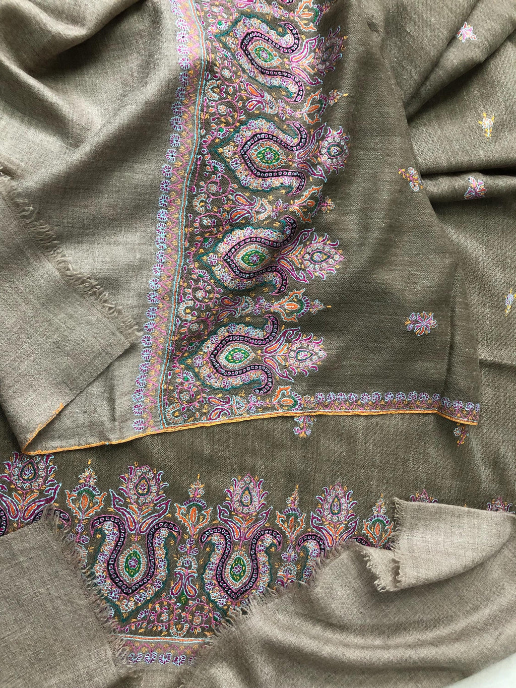 Walnut grey Sozni micro fine hand embroidered palla and booties authentic cashmere pashmina stole shawl | soft and luxurious - Mehraj Crafts 