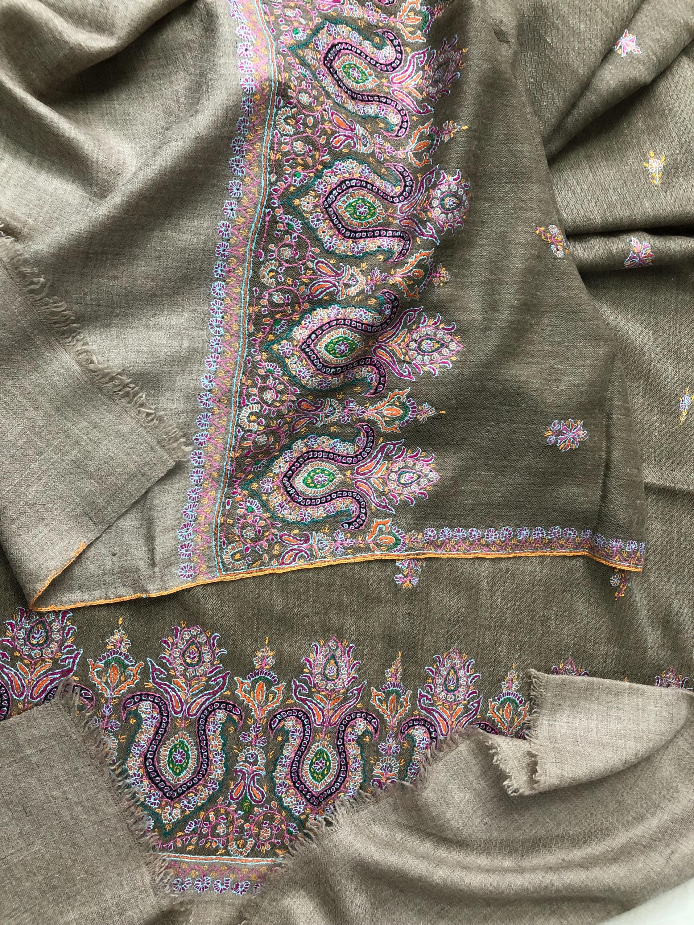 Walnut grey Sozni micro fine hand embroidered palla and booties authentic cashmere pashmina stole shawl | soft and luxurious - Mehraj Crafts 