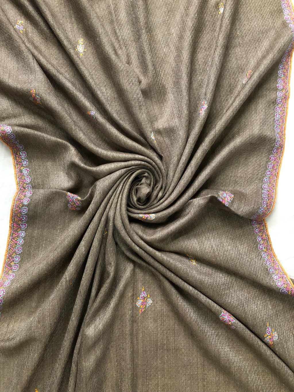 Walnut grey Sozni micro fine hand embroidered palla and booties authentic cashmere pashmina stole shawl | soft and luxurious - Mehraj Crafts 