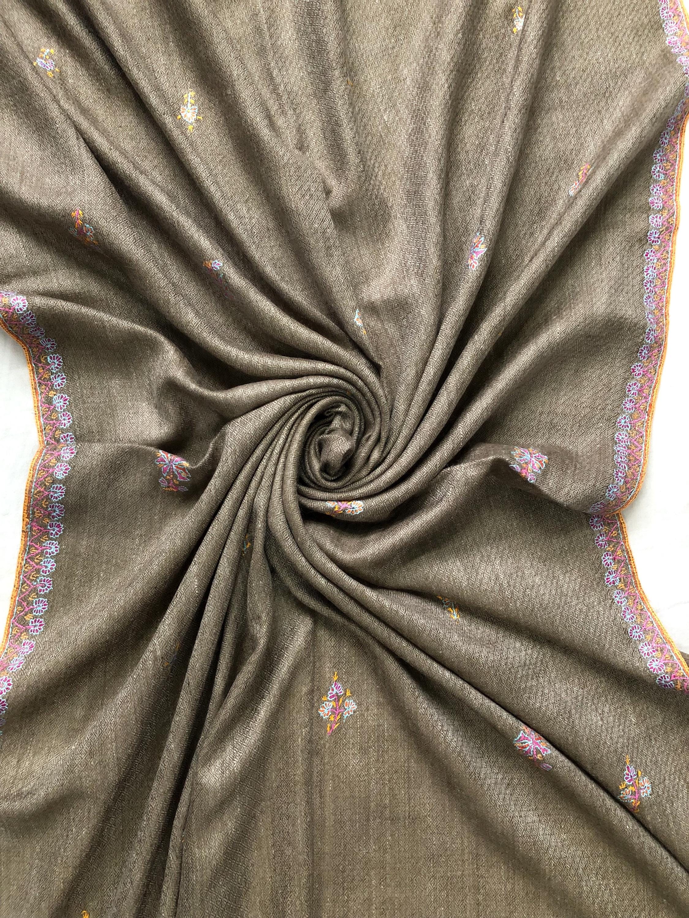 Walnut grey Sozni micro fine hand embroidered palla and booties authentic cashmere pashmina stole shawl | soft and luxurious - Mehraj Crafts 