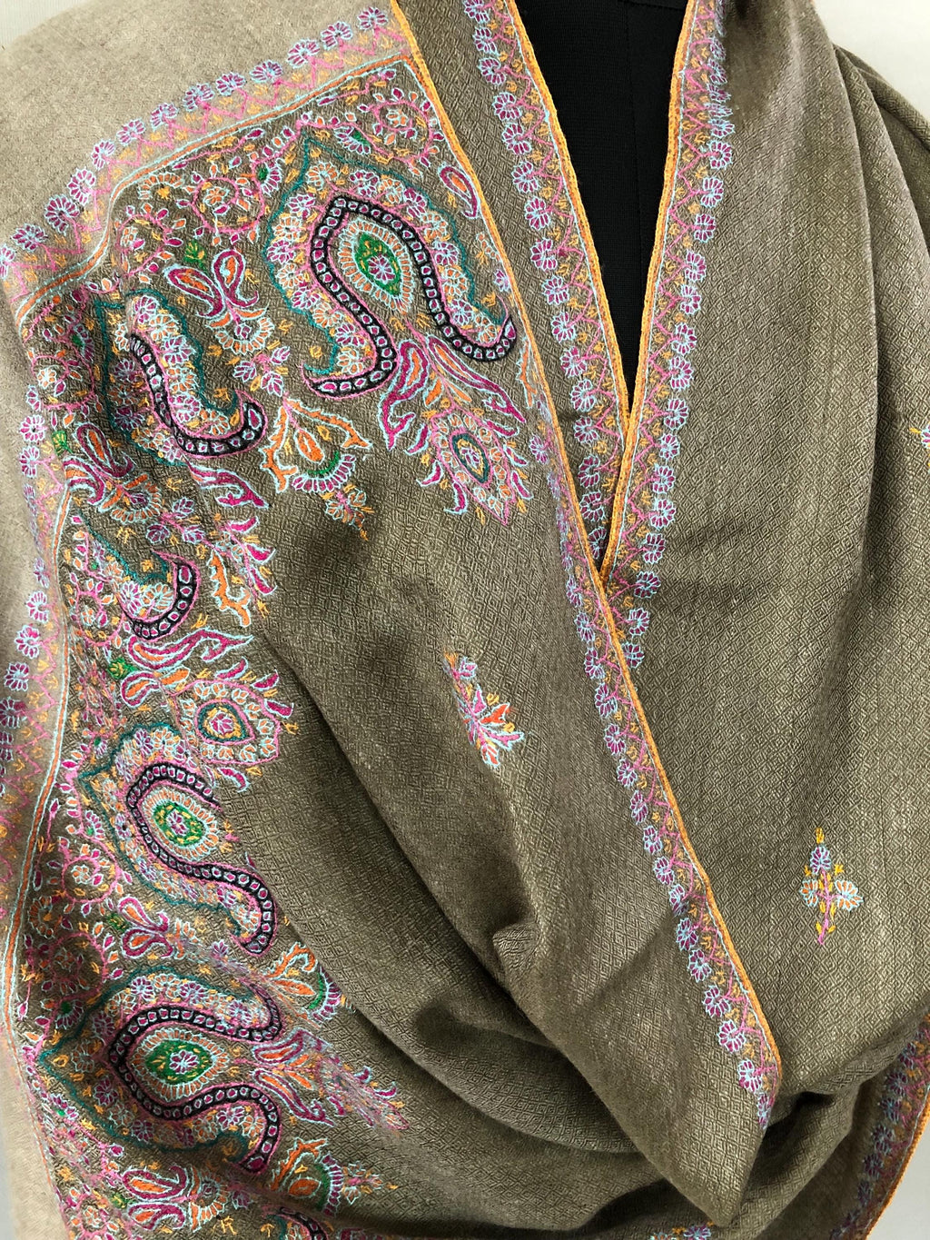 Walnut grey Sozni micro fine hand embroidered palla and booties authentic cashmere pashmina stole shawl | soft and luxurious - Mehraj Crafts 