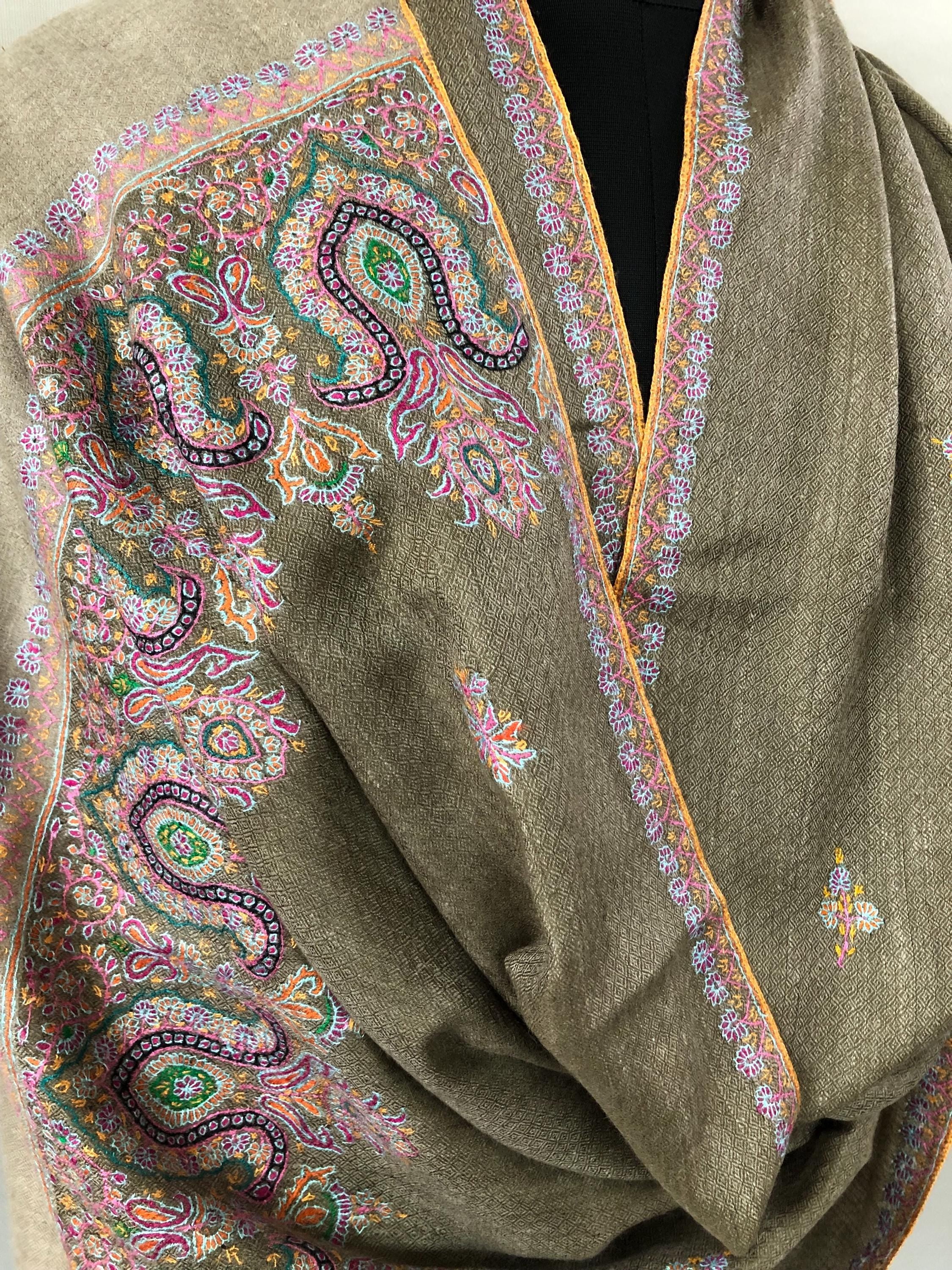 Walnut grey Sozni micro fine hand embroidered palla and booties authentic cashmere pashmina stole shawl | soft and luxurious - Mehraj Crafts 