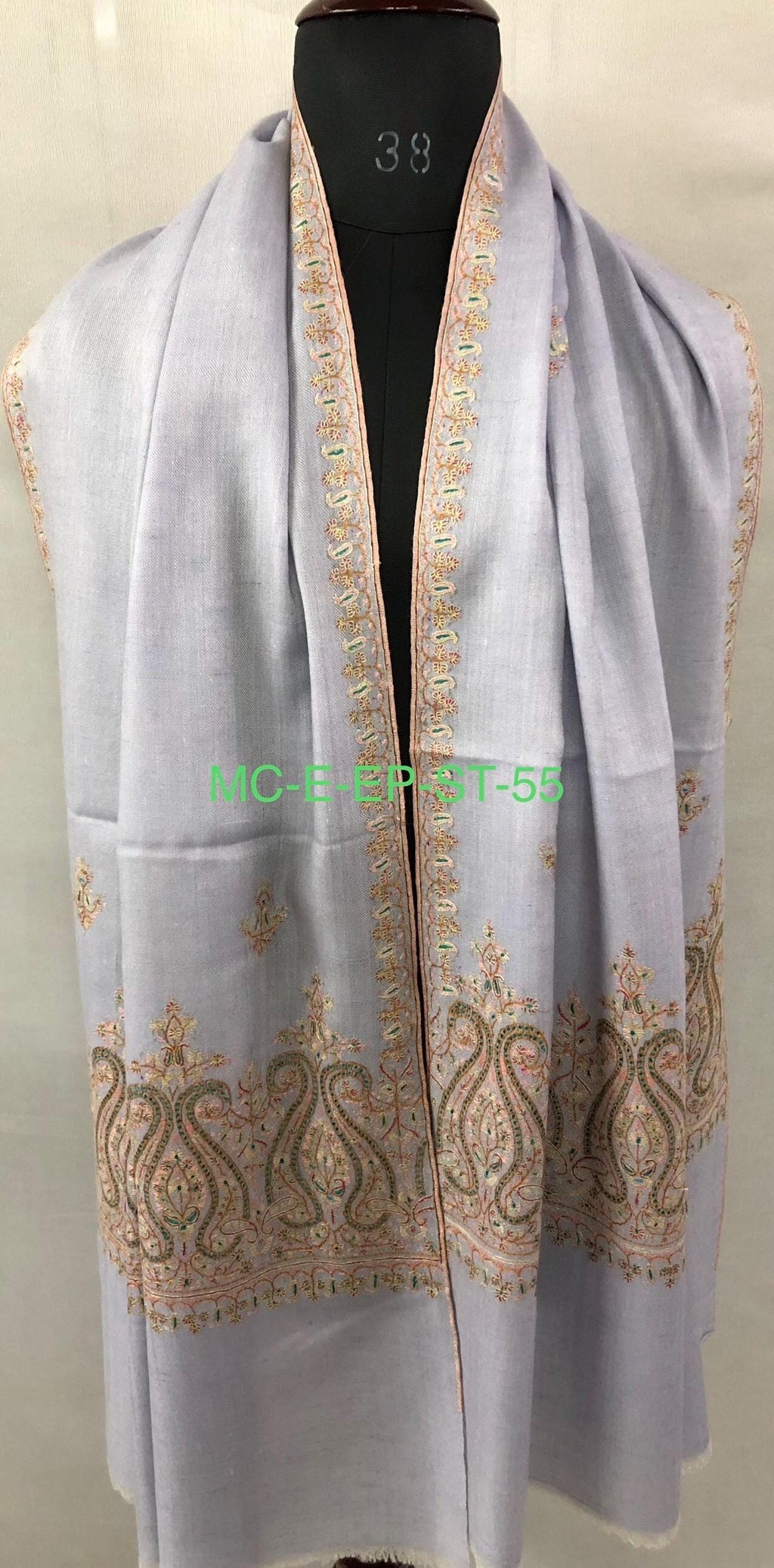 Halogen blue artisanal Sozni micro fine hand embroidered palla pure organic cashmere pashmina stole shawl - Mehraj Crafts 