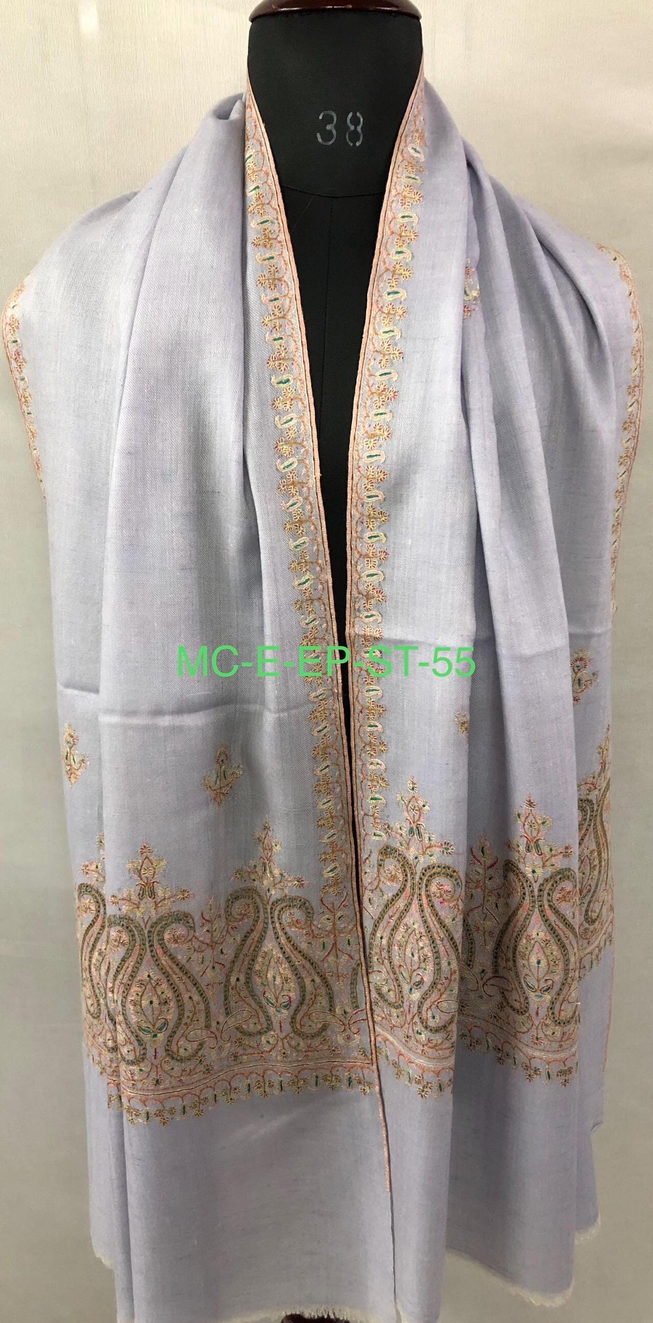 Halogen blue artisanal Sozni micro fine hand embroidered palla pure organic cashmere pashmina stole shawl - Mehraj Crafts 