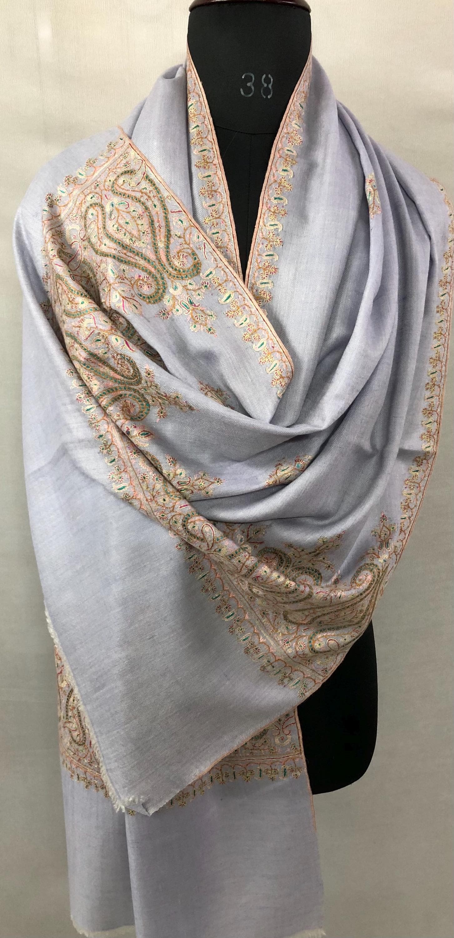 Halogen blue artisanal Sozni micro fine hand embroidered palla pure organic cashmere pashmina stole shawl - Mehraj Crafts 