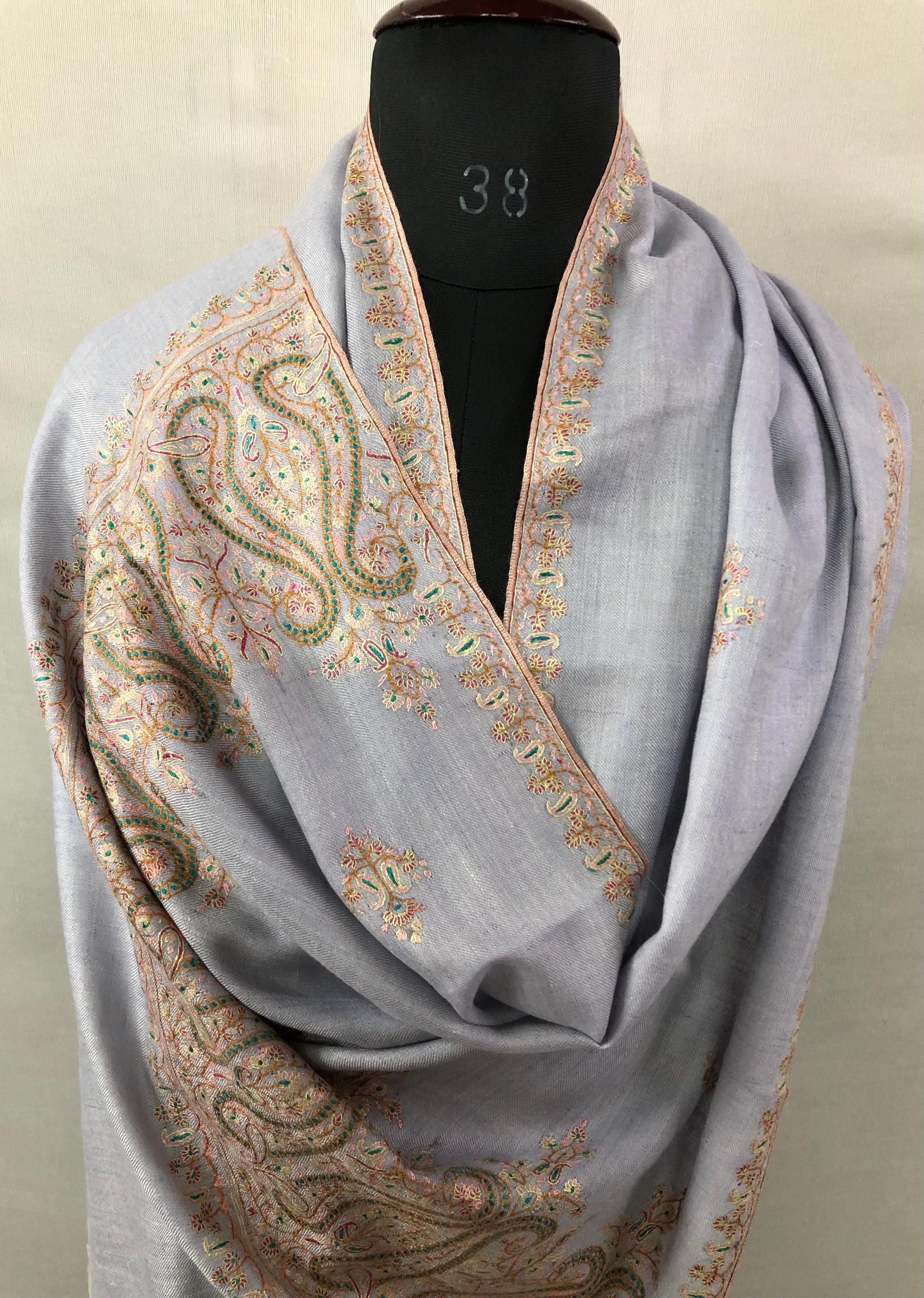 Halogen blue artisanal Sozni micro fine hand embroidered palla pure organic cashmere pashmina stole shawl - Mehraj Crafts 