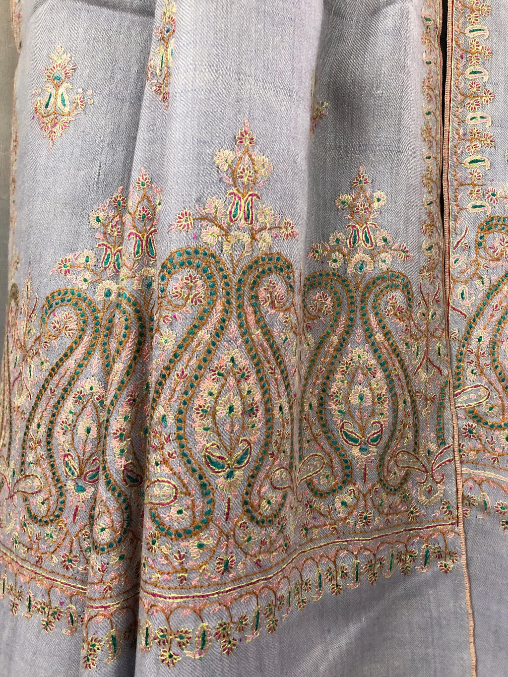 Hand Embroidered Cashmere Pashmina Shawl: Halogen Blue Sozni Stole