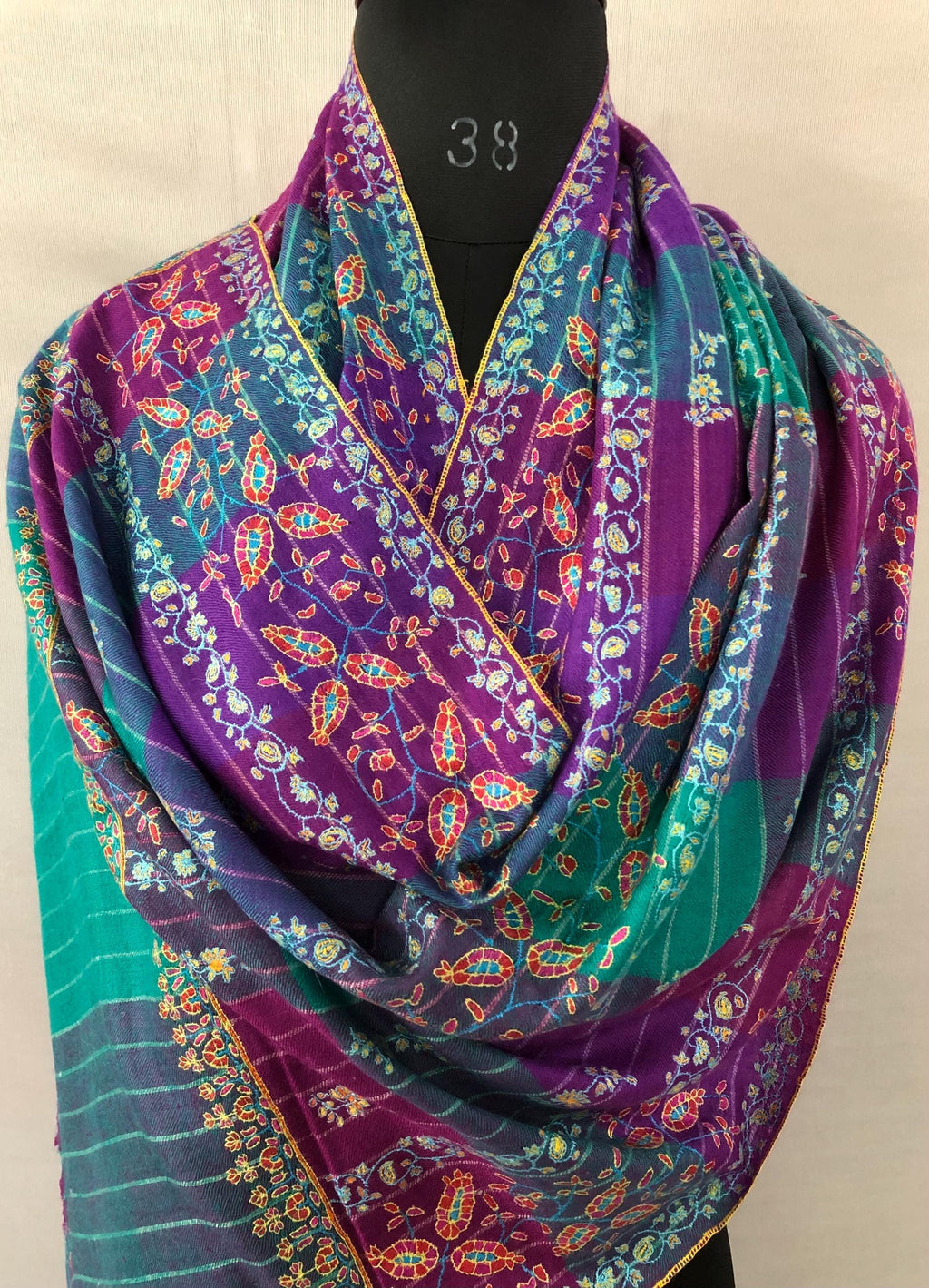 Handmade luxury purple and blue multicoloured modern design real pashmina stole with elegant super micro fine hand embroidery - Mehraj Crafts 