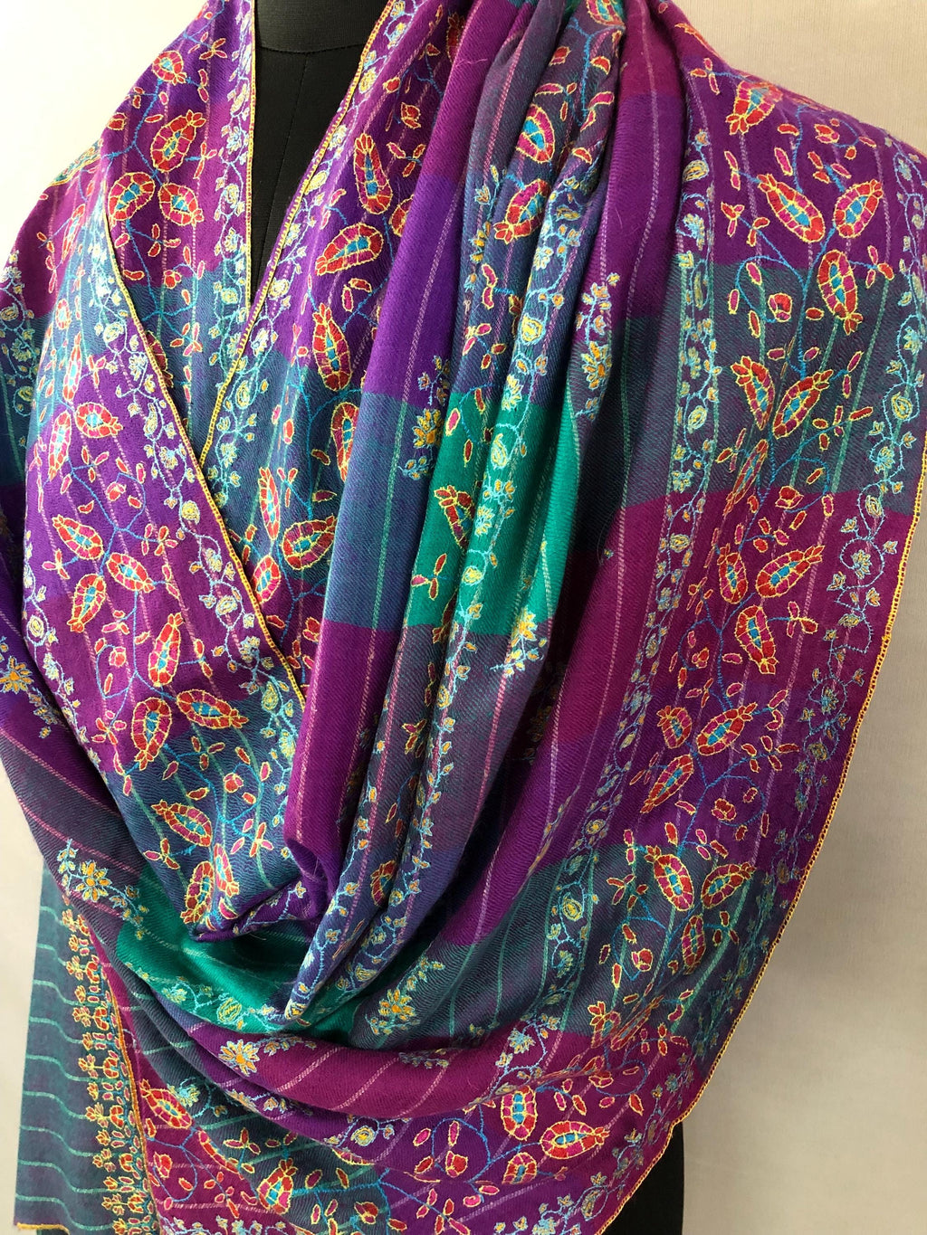 Handmade luxury purple and blue multicoloured modern design real pashmina stole with elegant super micro fine hand embroidery - Mehraj Crafts 
