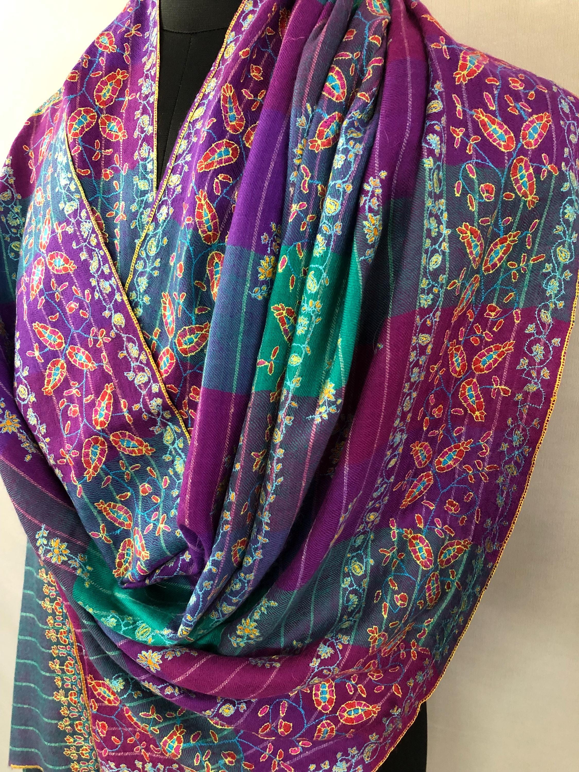 Handmade luxury purple and blue multicoloured modern design real pashmina stole with elegant super micro fine hand embroidery - Mehraj Crafts 