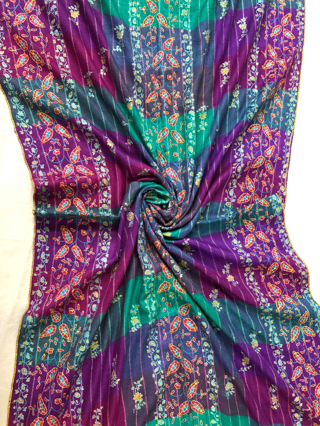 Handmade luxury purple and blue multicoloured modern design real pashmina stole with elegant super micro fine hand embroidery - Mehraj Crafts 
