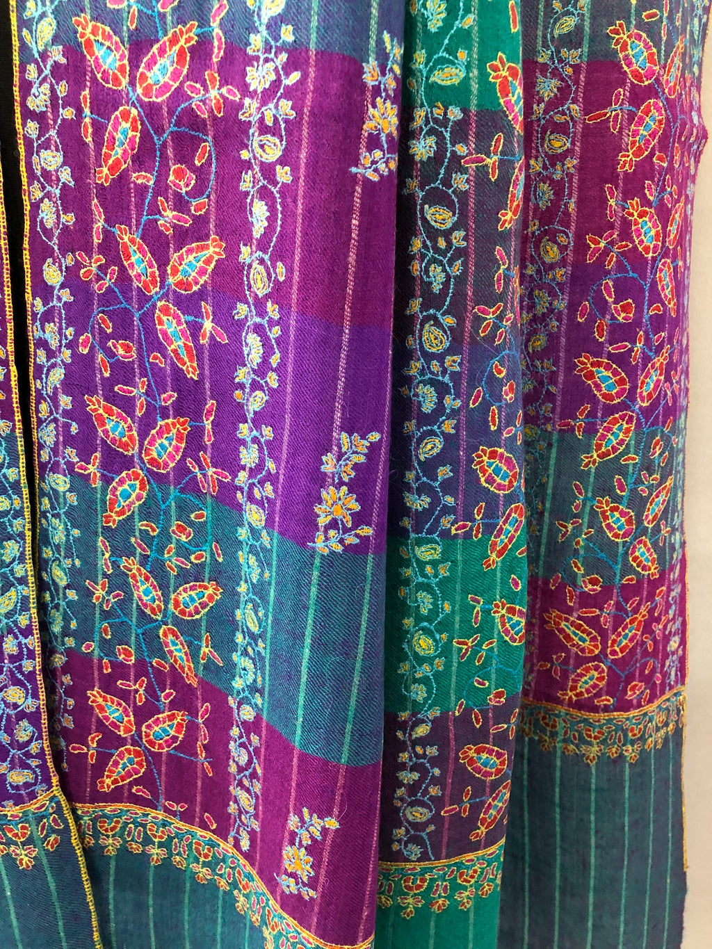 Handmade luxury purple and blue multicoloured modern design real pashmina stole with elegant super micro fine hand embroidery - Mehraj Crafts 