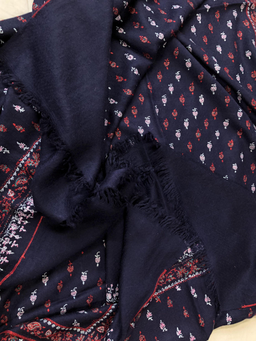 Elegant 1188 baby booties set handcrafted super micro fine embroidery on navy blue luxury real cashmere pashmina stole shawl - Mehraj Crafts 