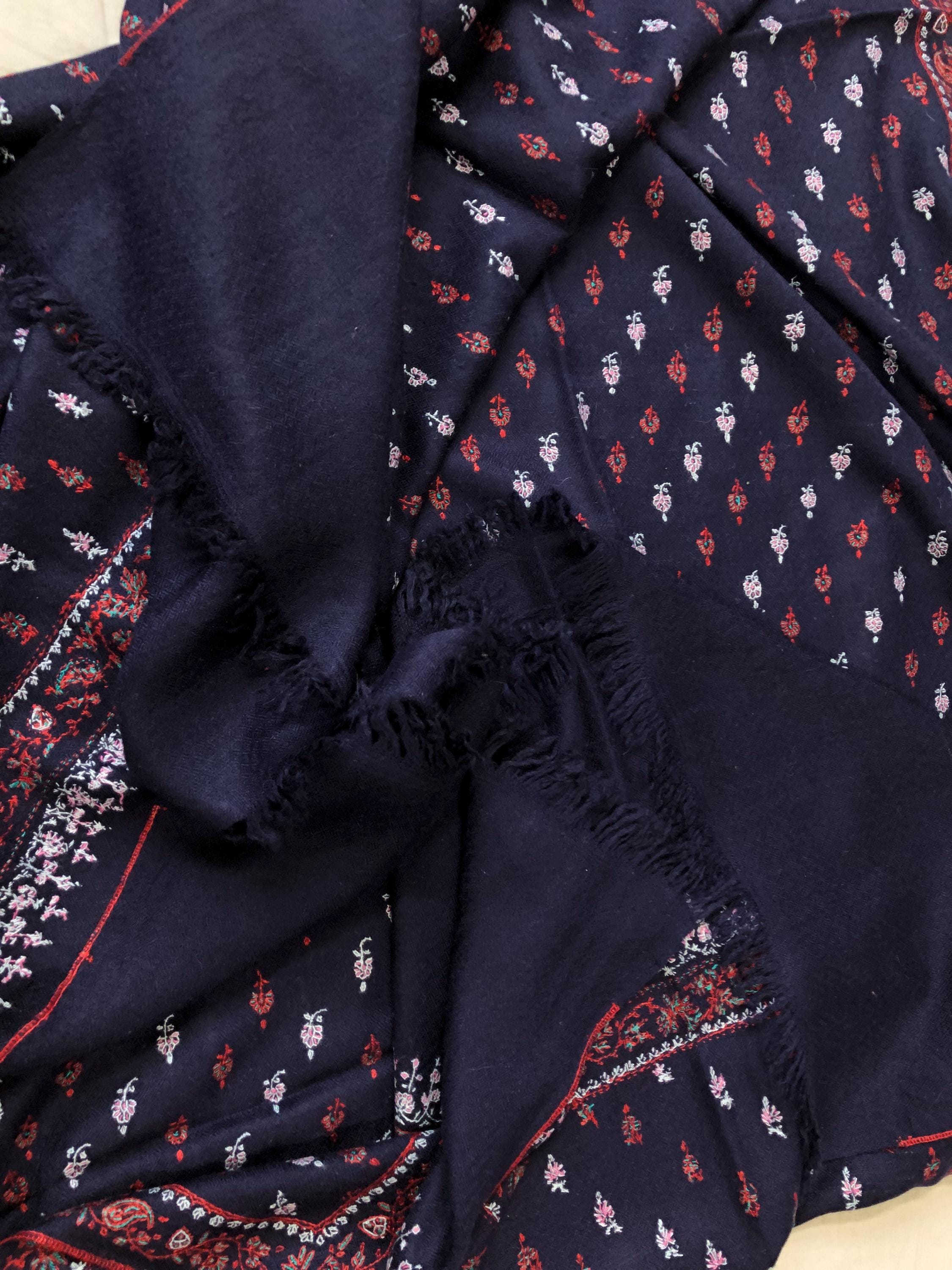 Elegant 1188 baby booties set handcrafted super micro fine embroidery on navy blue luxury real cashmere pashmina stole shawl - Mehraj Crafts 