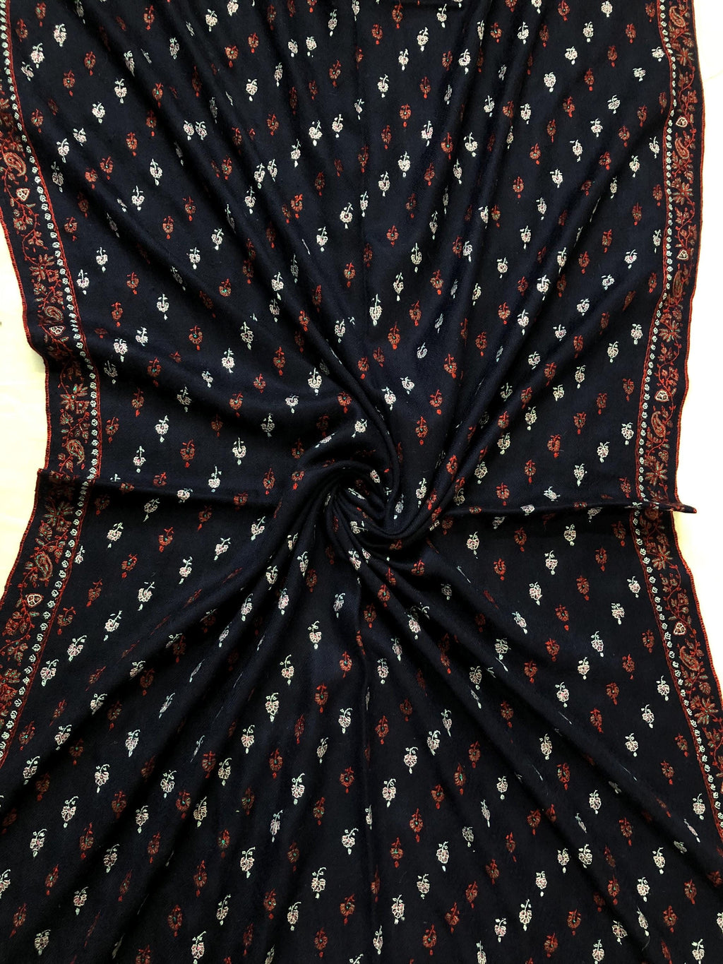 Elegant 1188 baby booties set handcrafted super micro fine embroidery on navy blue luxury real cashmere pashmina stole shawl - Mehraj Crafts 