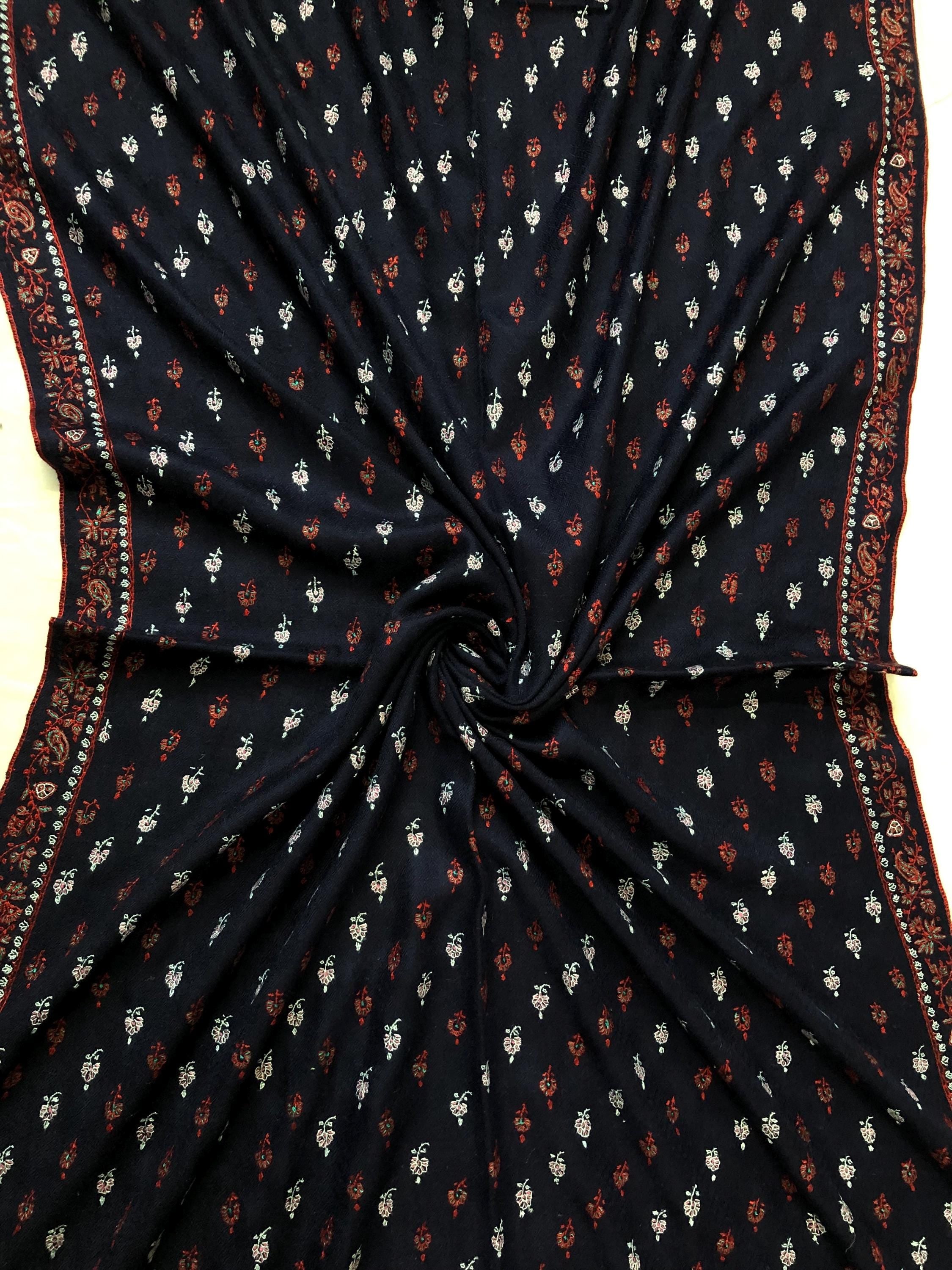 Elegant 1188 baby booties set handcrafted super micro fine embroidery on navy blue luxury real cashmere pashmina stole shawl - Mehraj Crafts 