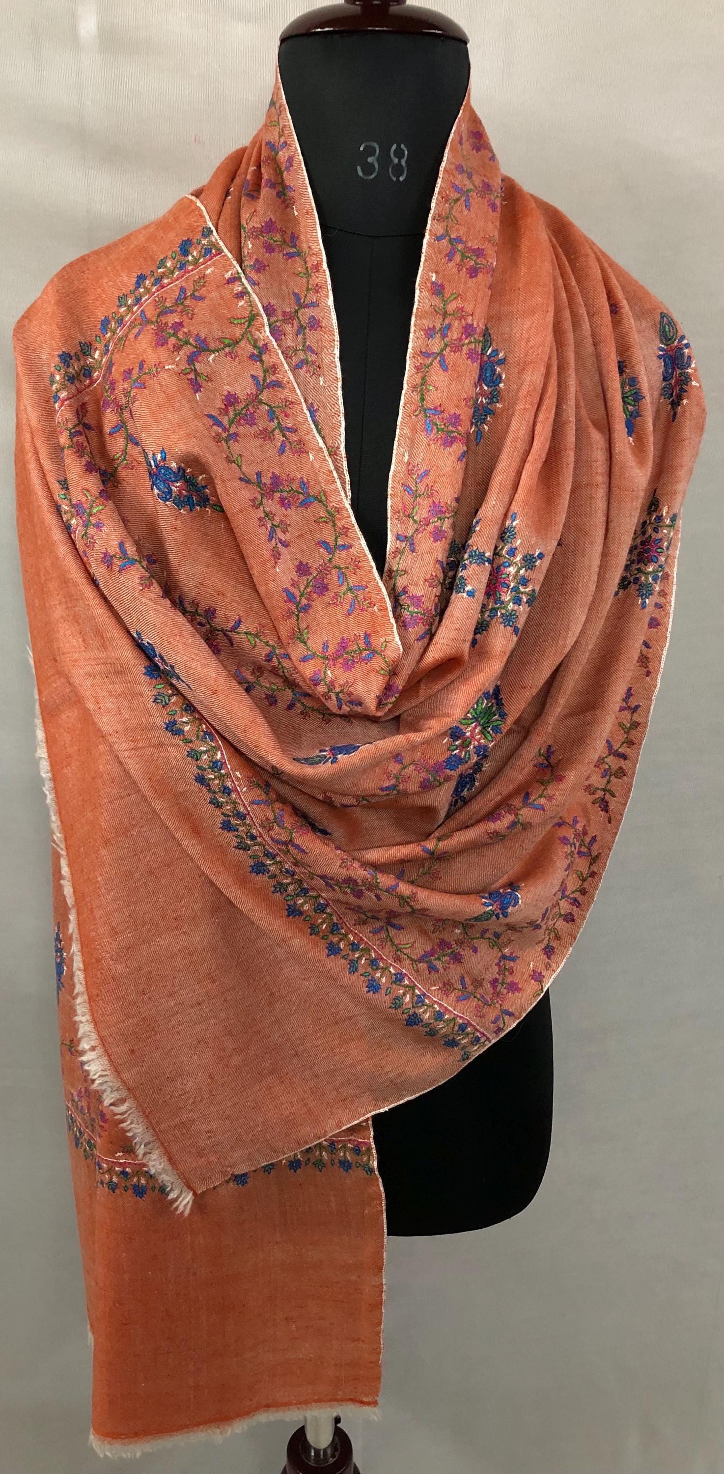 Handmade elegant dusty orange real cashmere pashmina stole with elegant modern hand embroidery - Mehraj Crafts 