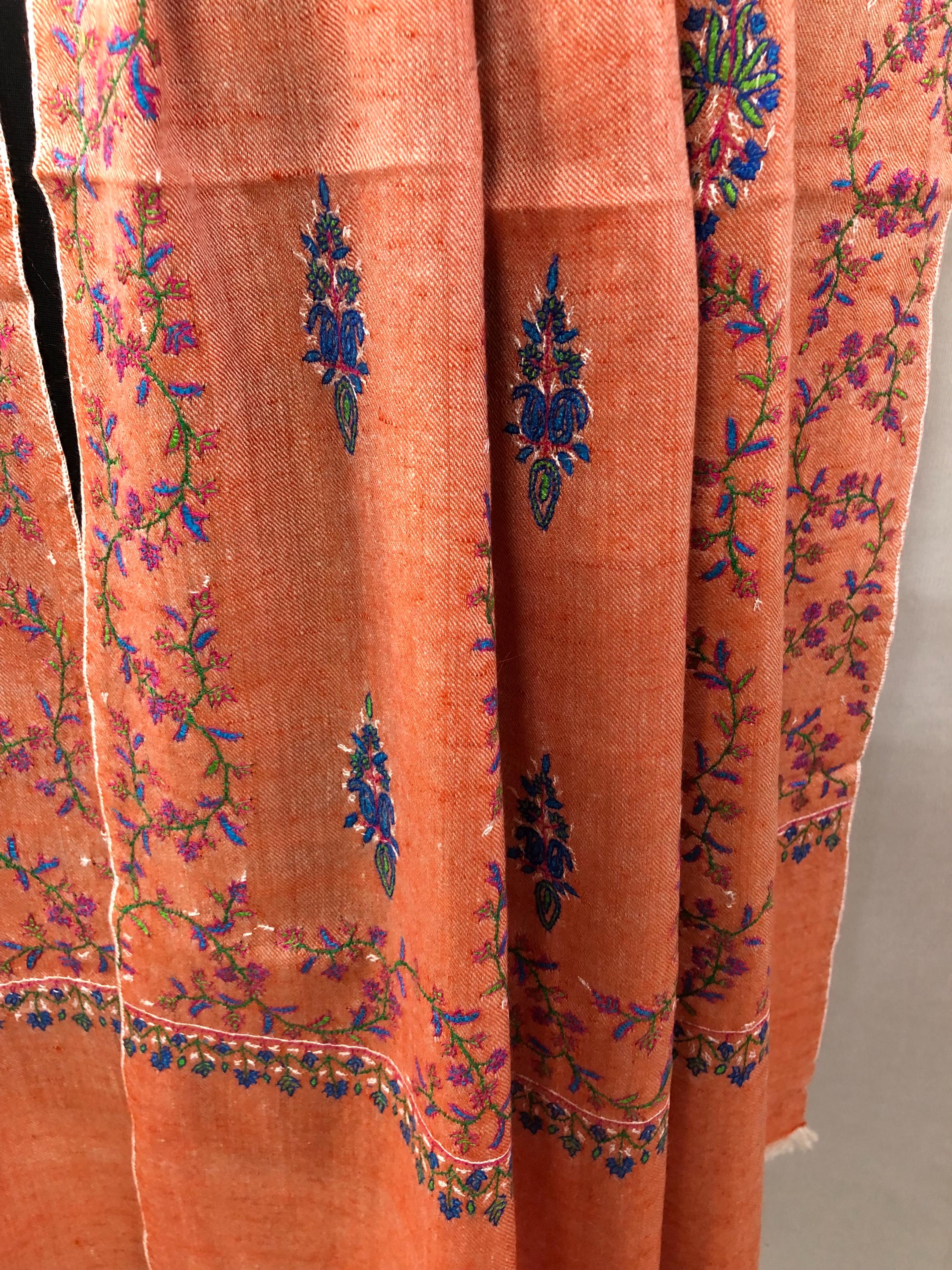 Handmade elegant dusty orange real cashmere pashmina stole with elegant modern hand embroidery - Mehraj Crafts 