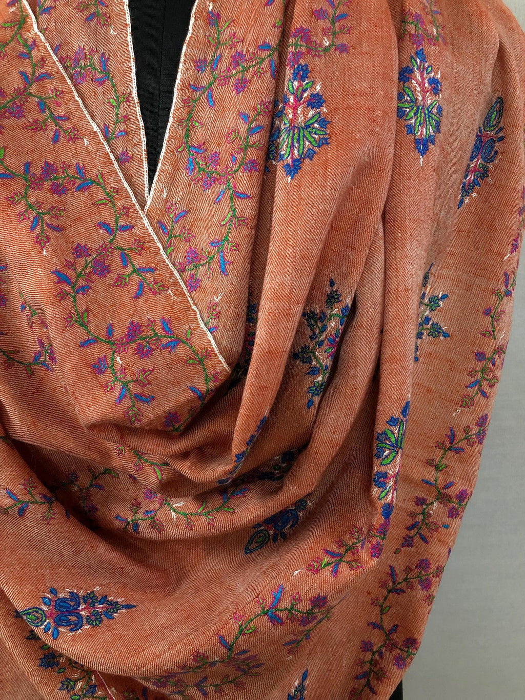 Handmade elegant dusty orange real cashmere pashmina stole with elegant modern hand embroidery - Mehraj Crafts 