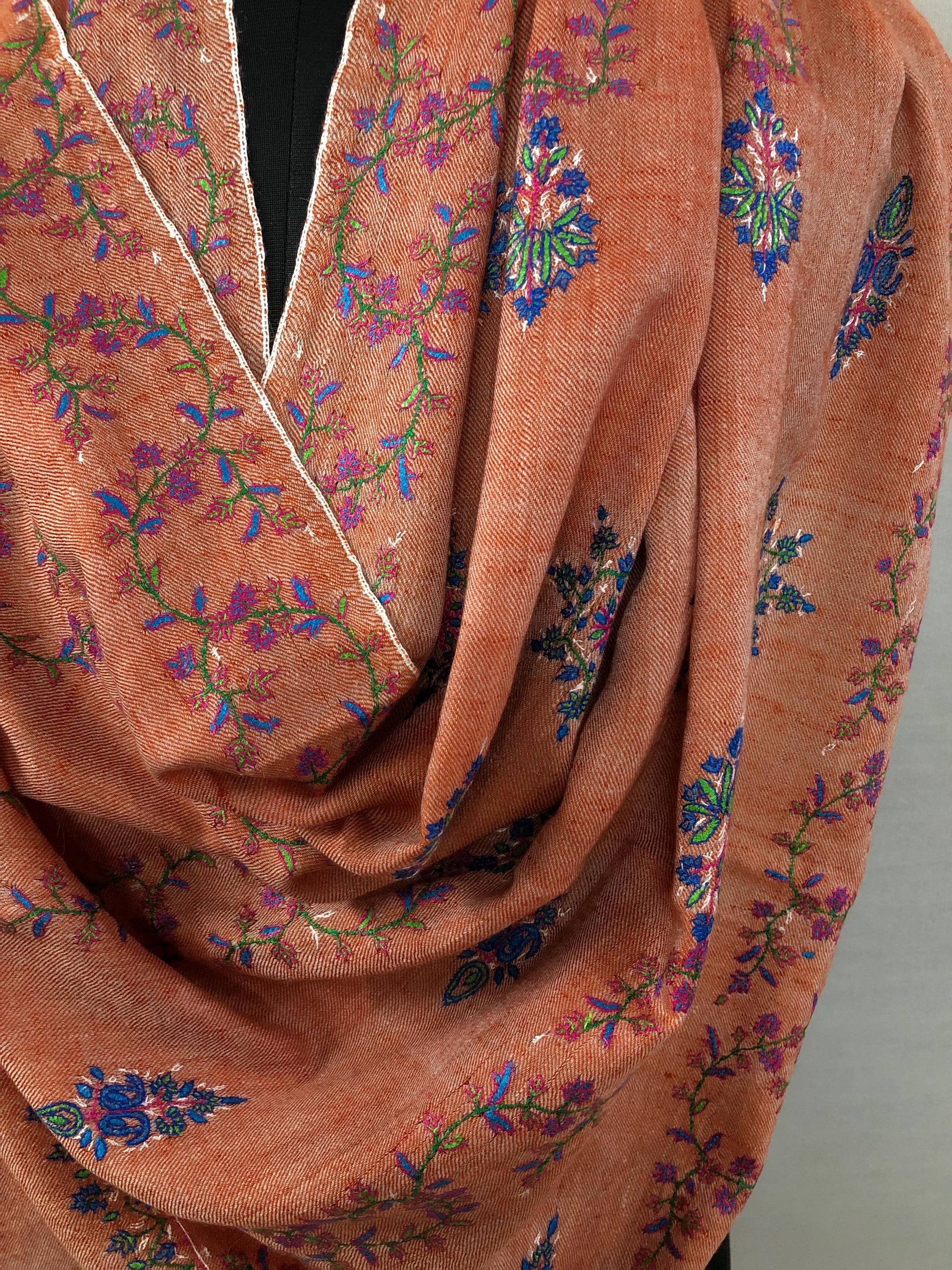 Handmade elegant dusty orange real cashmere pashmina stole with elegant modern hand embroidery - Mehraj Crafts 