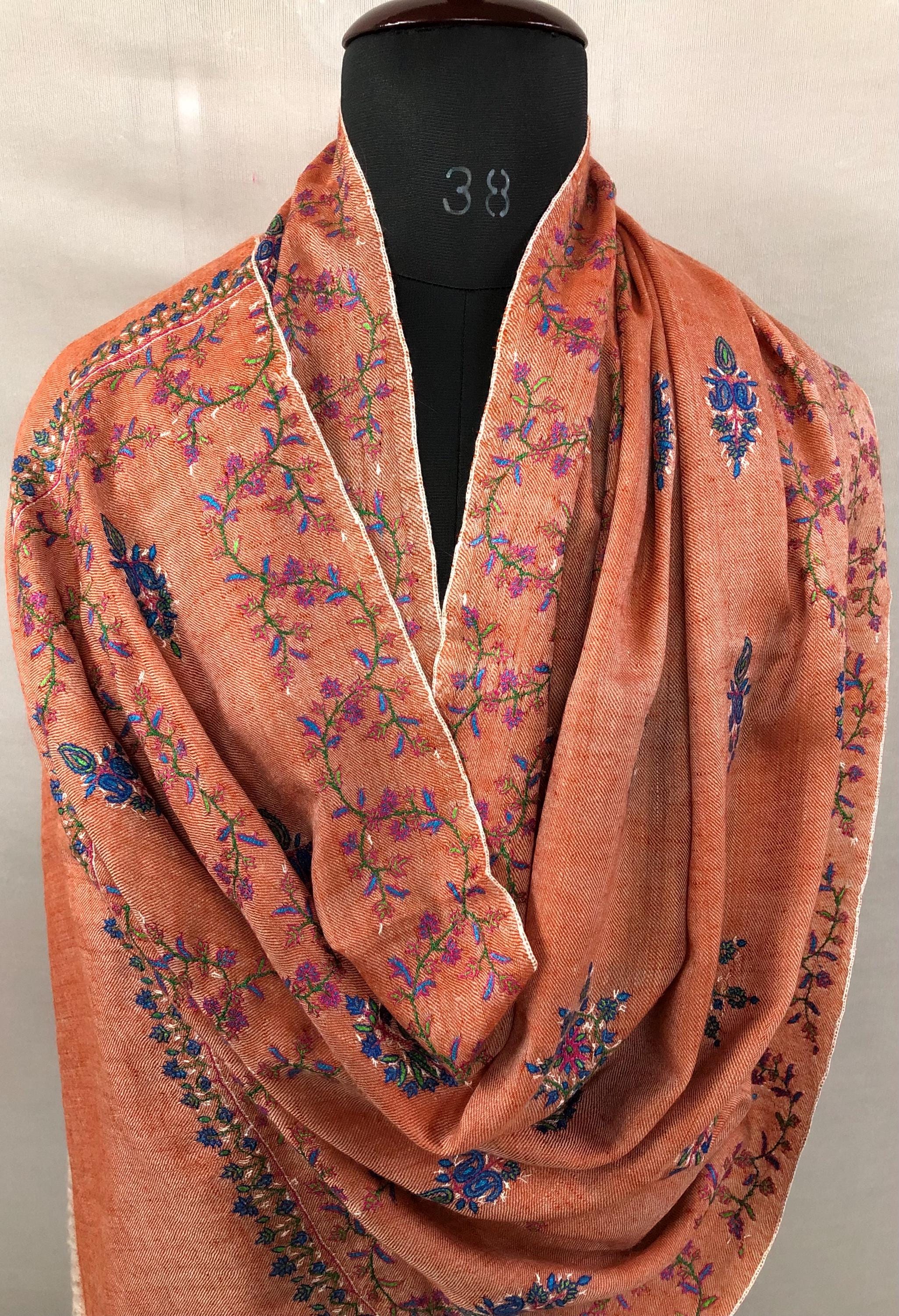 Handmade elegant dusty orange real cashmere pashmina stole with elegant modern hand embroidery - Mehraj Crafts 