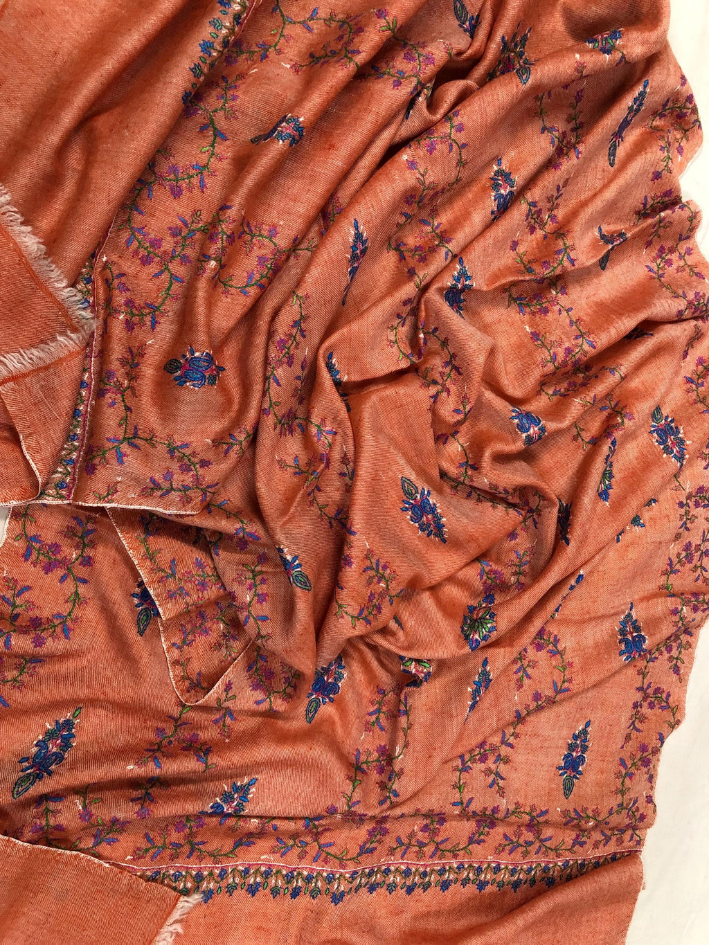 Handmade elegant dusty orange real cashmere pashmina stole with elegant modern hand embroidery - Mehraj Crafts 