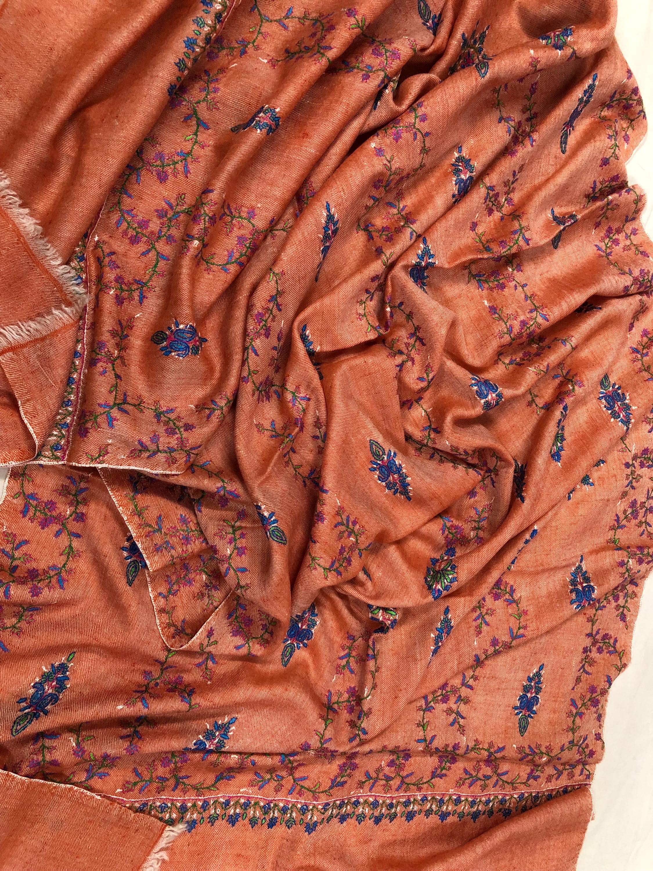 Handmade elegant dusty orange real cashmere pashmina stole with elegant modern hand embroidery - Mehraj Crafts 