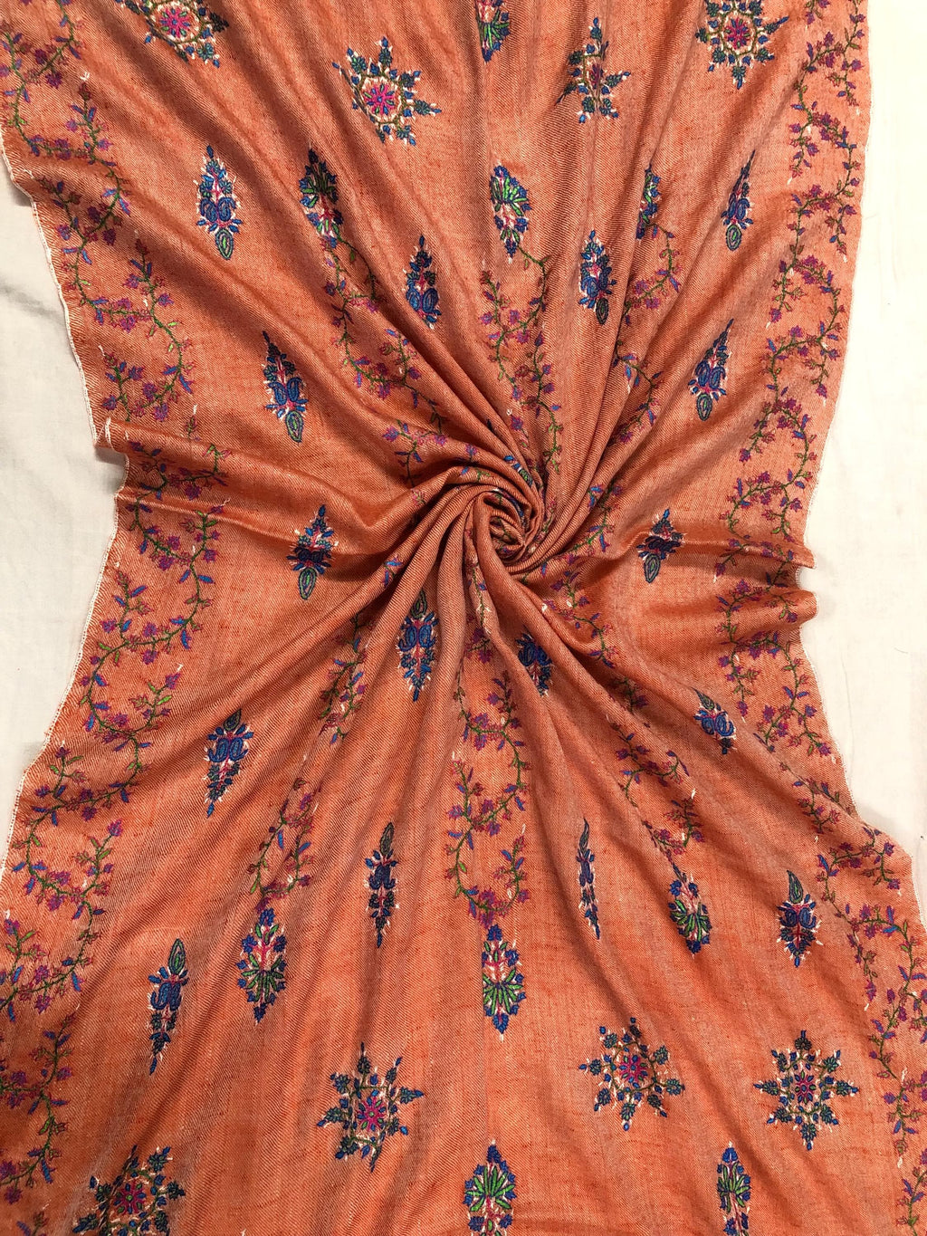 Handmade elegant dusty orange real cashmere pashmina stole with elegant modern hand embroidery - Mehraj Crafts 