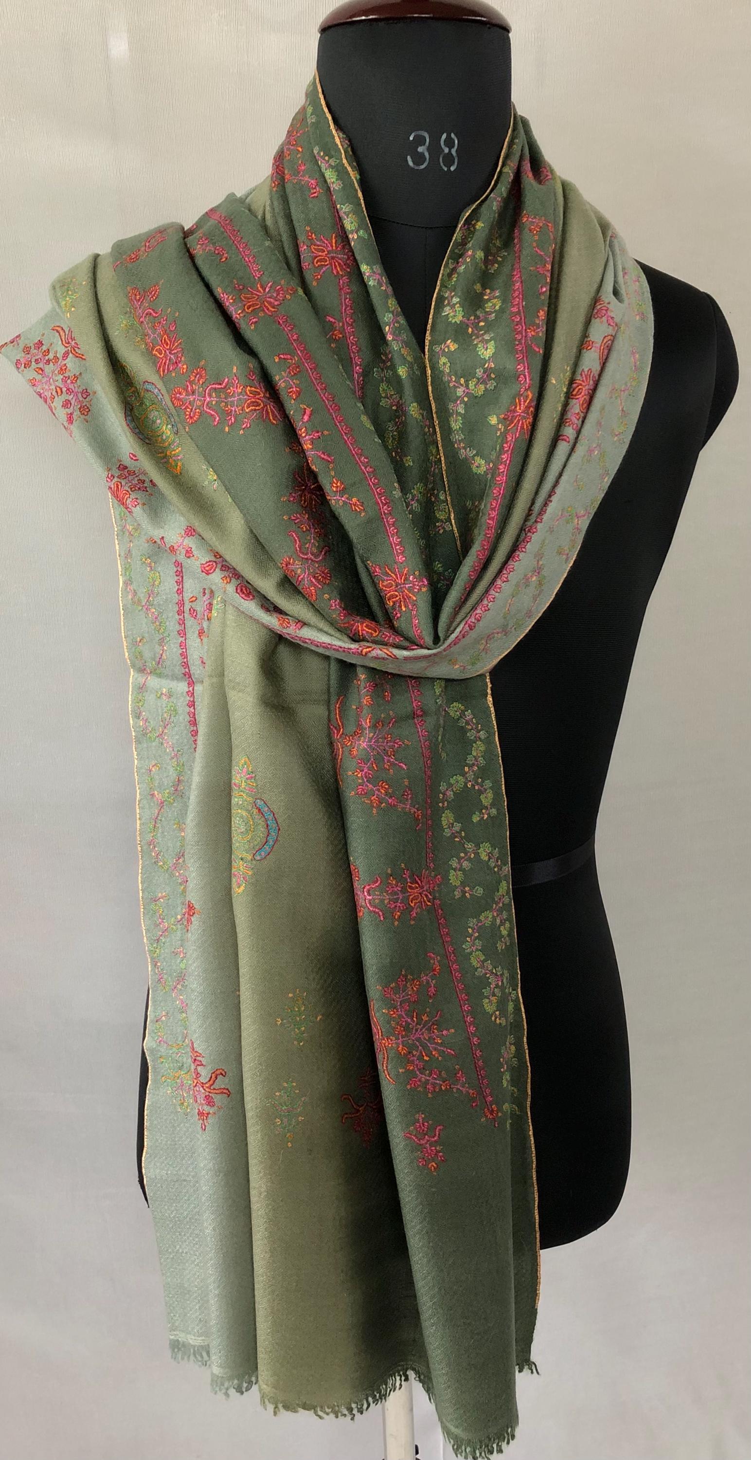 Ombré green handmade Real Cashmere Pashmina Stole with super micro fine Sozni modern design embroidery - Mehraj Crafts 