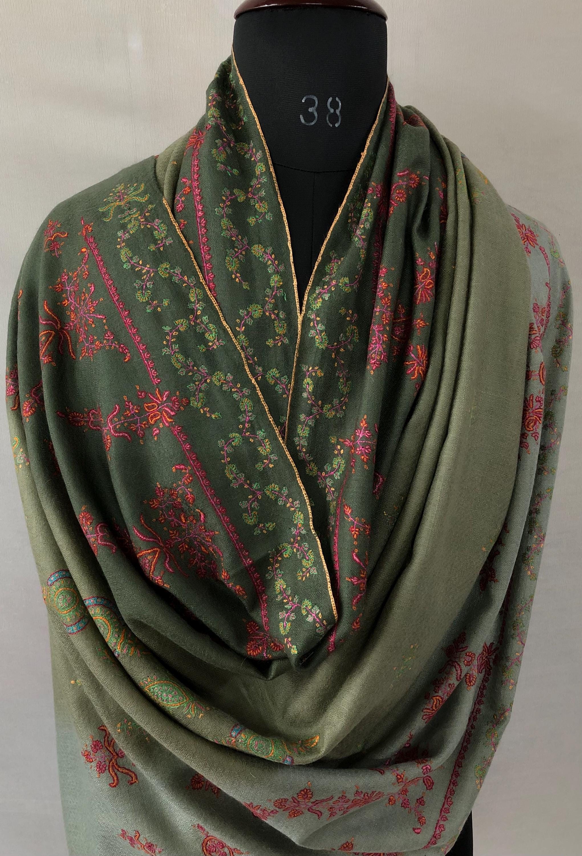 Ombré green handmade Real Cashmere Pashmina Stole with super micro fine Sozni modern design embroidery - Mehraj Crafts 