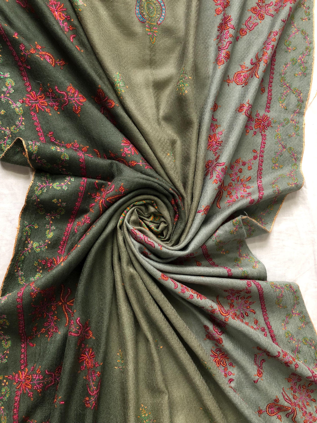 Ombré green handmade Real Cashmere Pashmina Stole with super micro fine Sozni modern design embroidery - Mehraj Crafts 