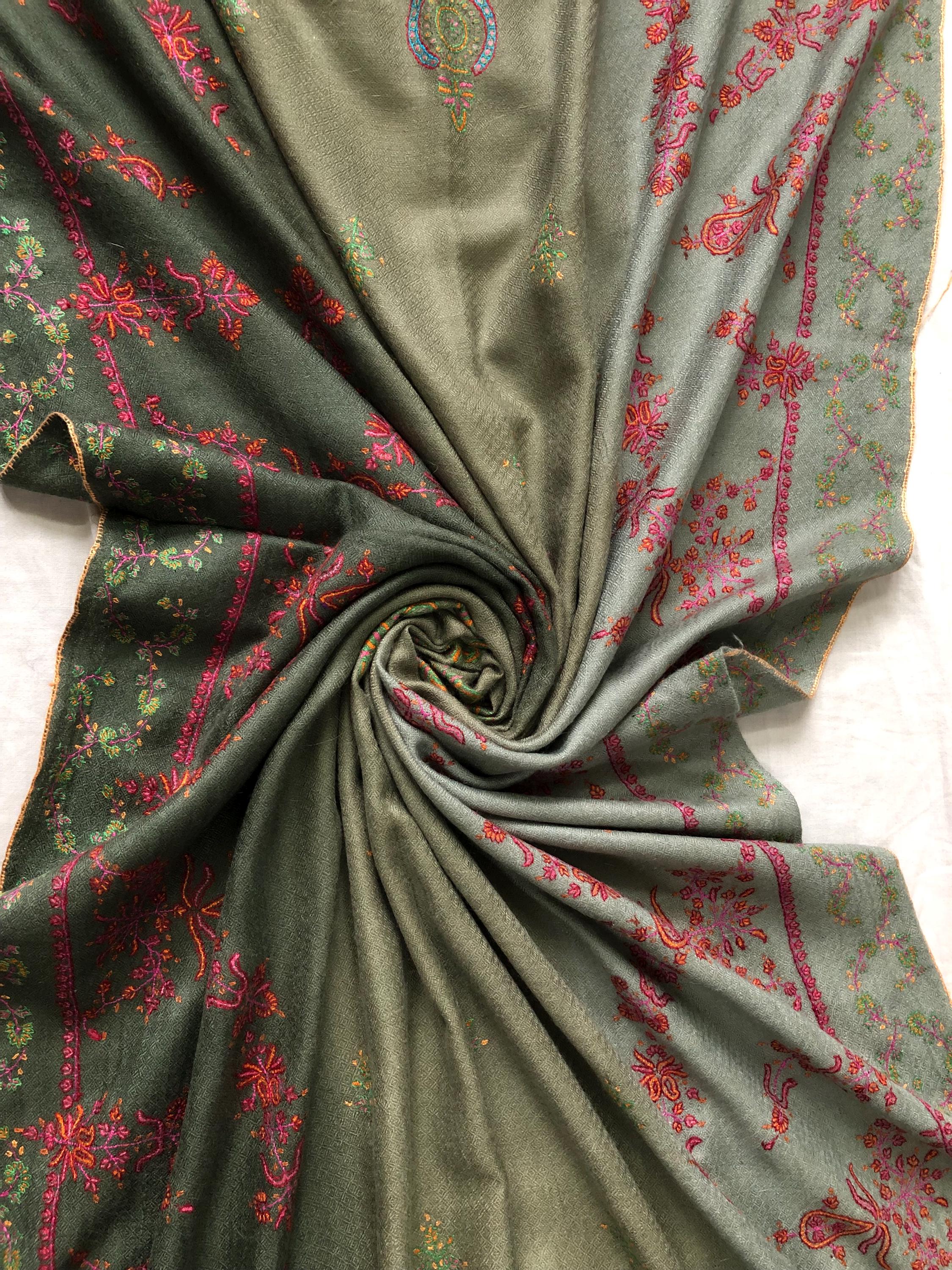 Ombré green handmade Real Cashmere Pashmina Stole with super micro fine Sozni modern design embroidery - Mehraj Crafts 