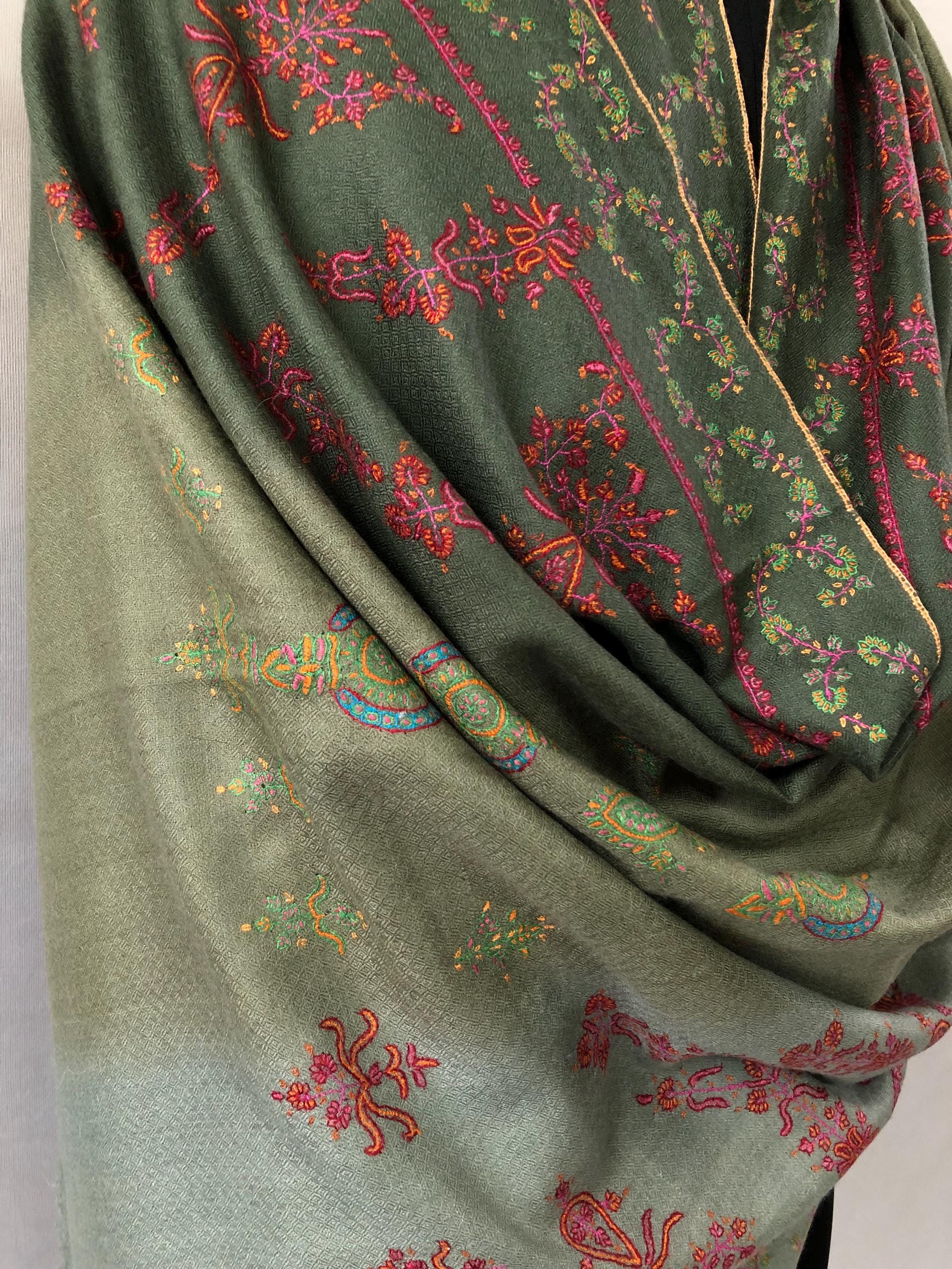 Ombré green handmade Real Cashmere Pashmina Stole with super micro fine Sozni modern design embroidery - Mehraj Crafts 