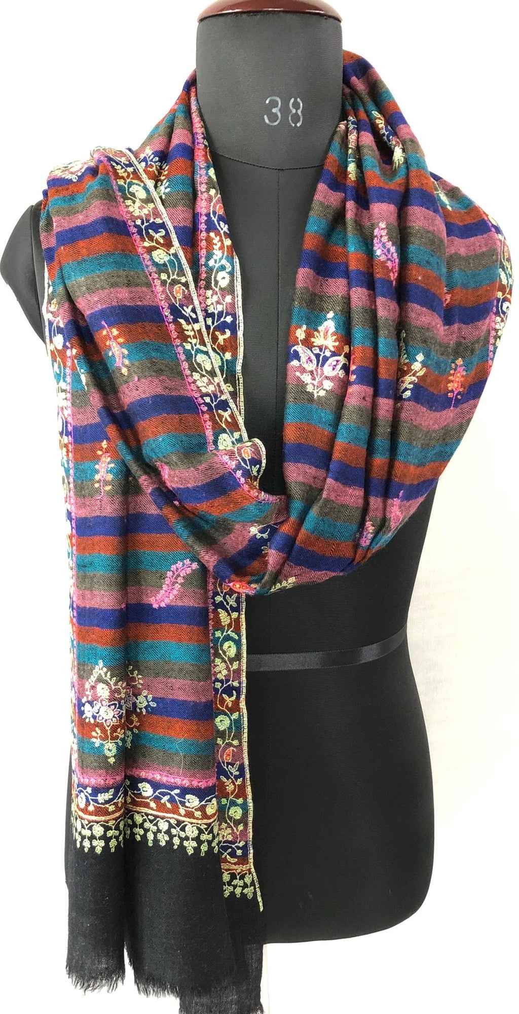 Exquisite Black Multicoloured Stripes Pure Pashmina Handcrafted Modern Design Embroidered Real Cashmere Pashmina Stole - Mehraj Crafts 