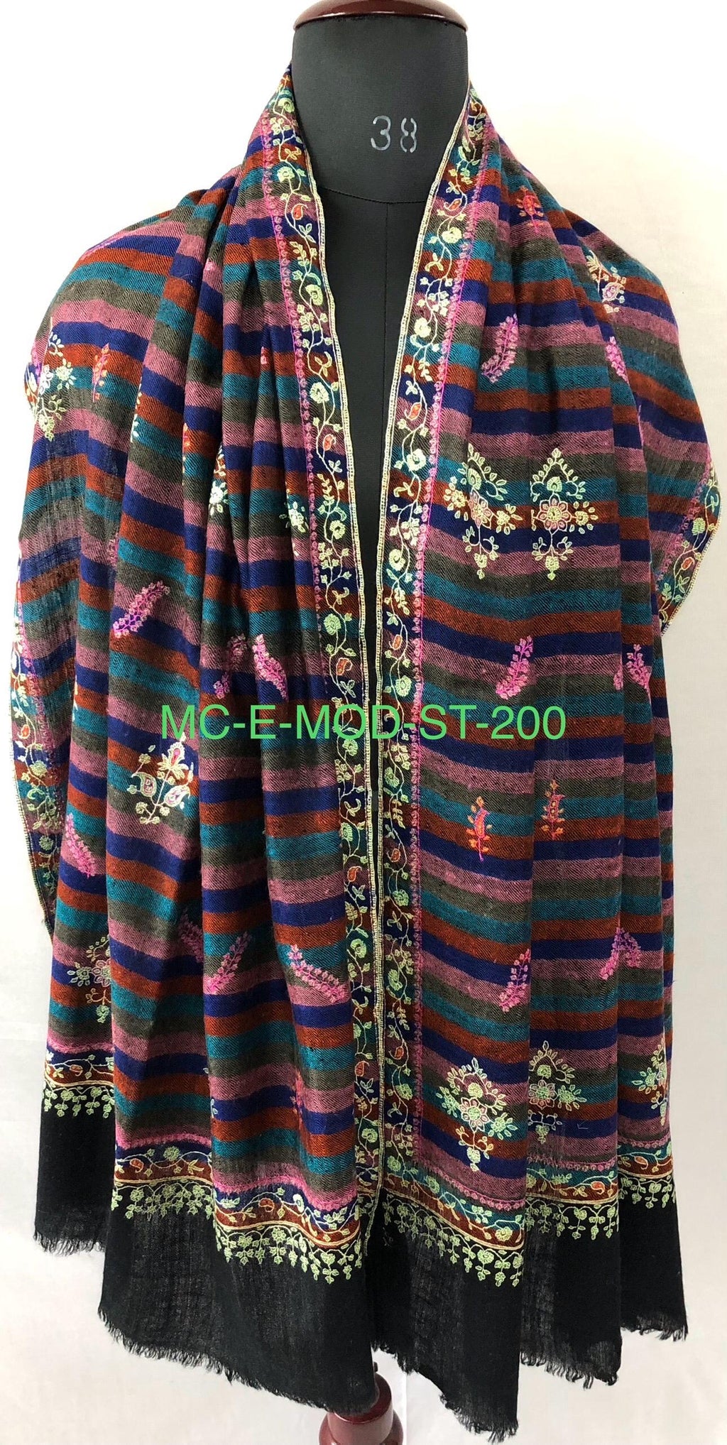 Exquisite Black Multicoloured Stripes Pure Pashmina Handcrafted Modern Design Embroidered Real Cashmere Pashmina Stole - Mehraj Crafts 