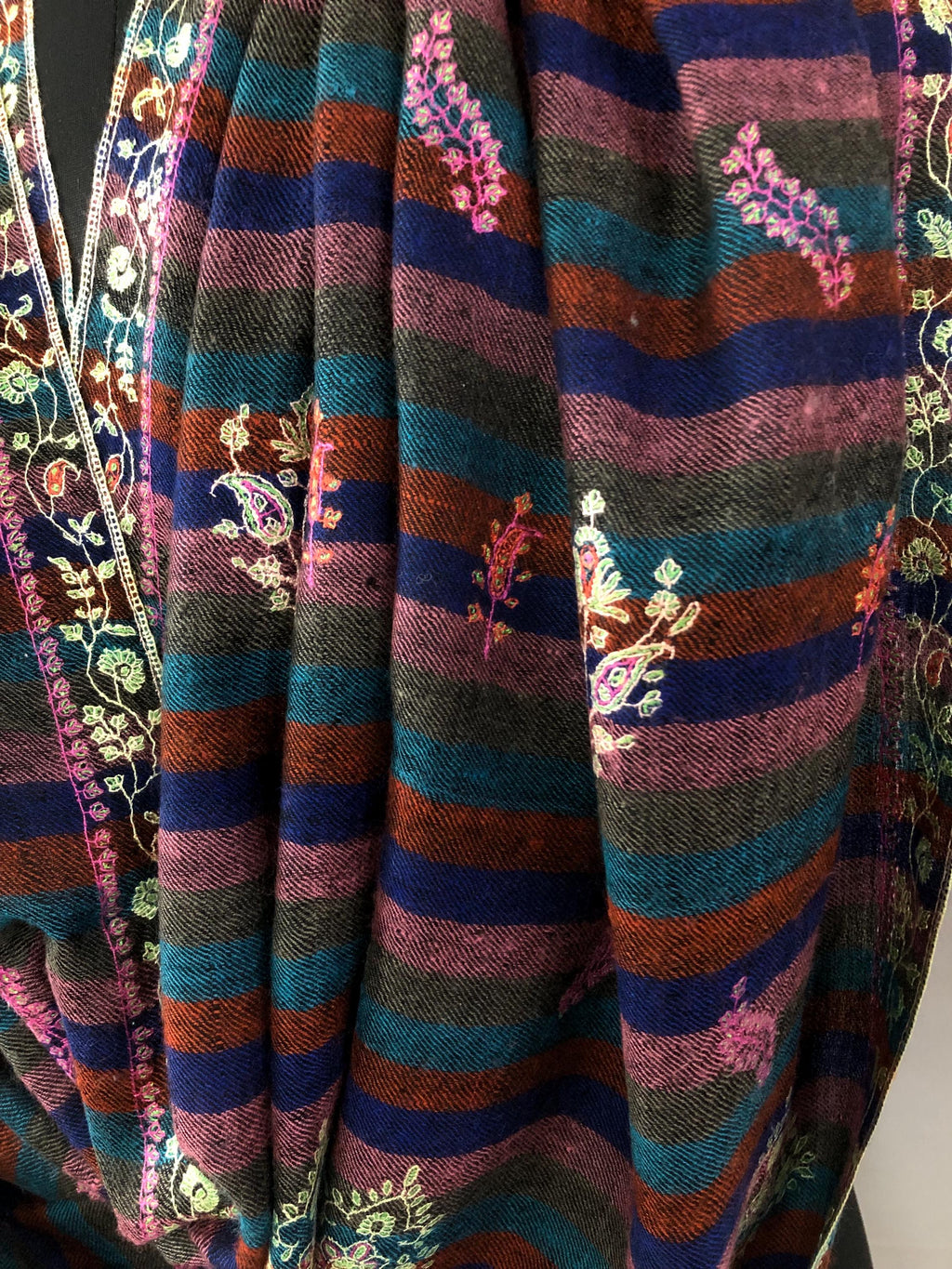 Exquisite Black Multicoloured Stripes Pure Pashmina Handcrafted Modern Design Embroidered Real Cashmere Pashmina Stole - Mehraj Crafts 