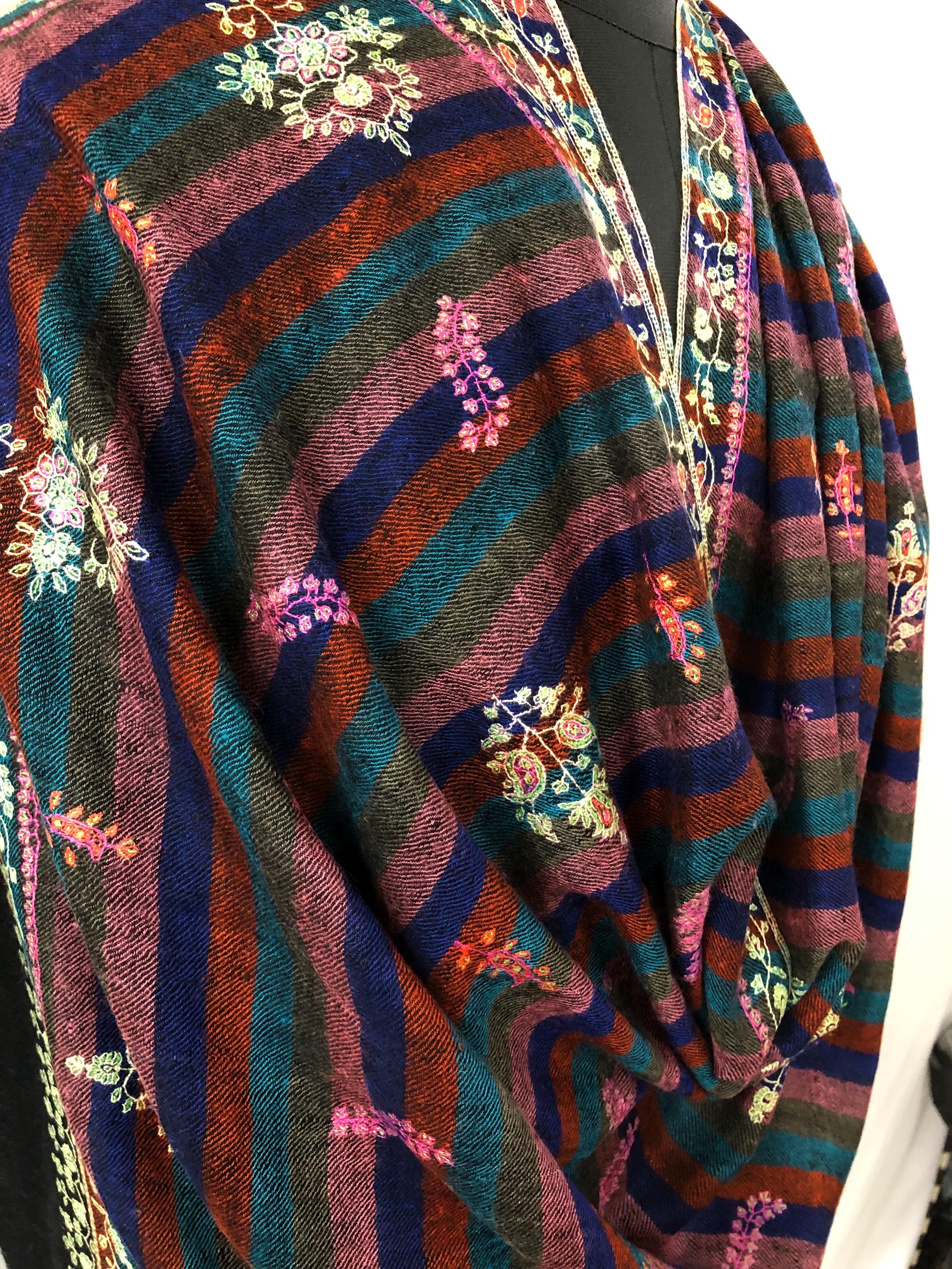 Exquisite Black Multicoloured Stripes Pure Pashmina Handcrafted Modern Design Embroidered Real Cashmere Pashmina Stole - Mehraj Crafts 