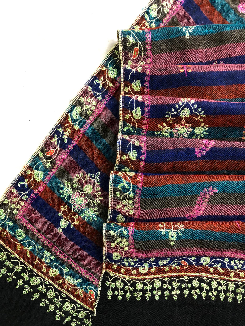 Exquisite Black Multicoloured Stripes Pure Pashmina Handcrafted Modern Design Embroidered Real Cashmere Pashmina Stole - Mehraj Crafts 