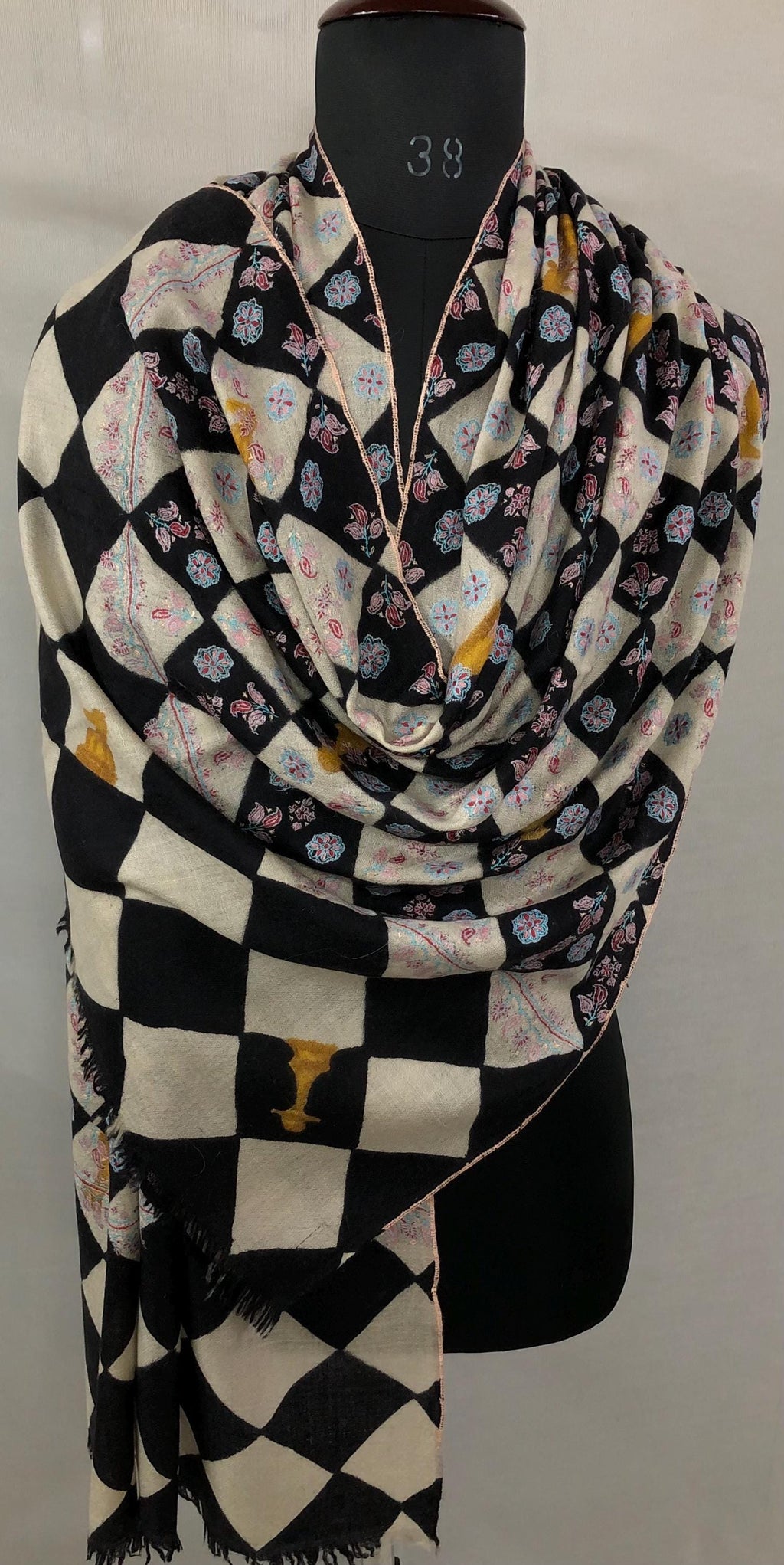 Black And White Hand Painted Chess Pattern With Elegant Floral Embroidery Handmade Real Cashmere Pashmina Stole - Mehraj Crafts 