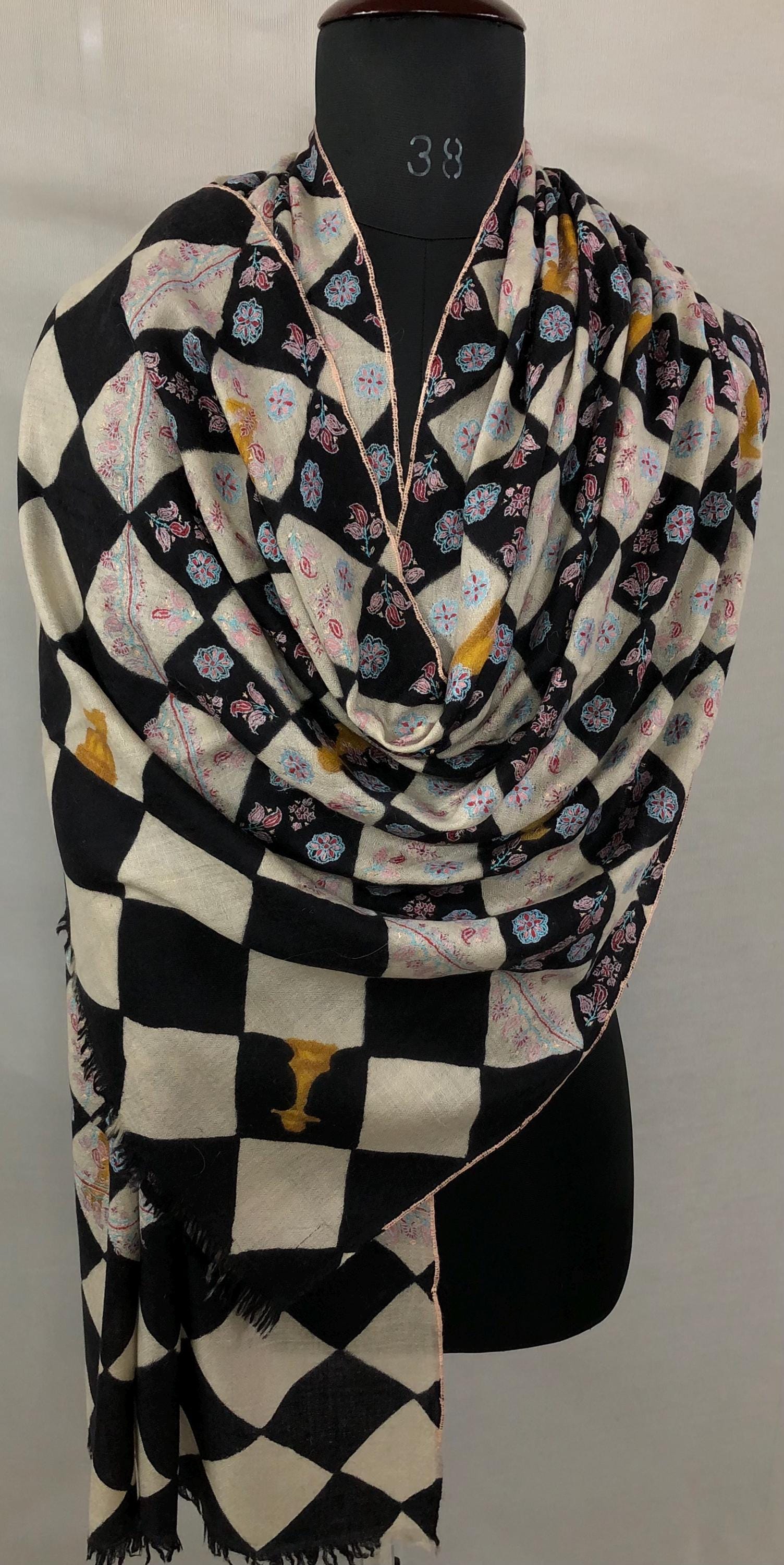 Black And White Hand Painted Chess Pattern With Elegant Floral Embroidery Handmade Real Cashmere Pashmina Stole - Mehraj Crafts 