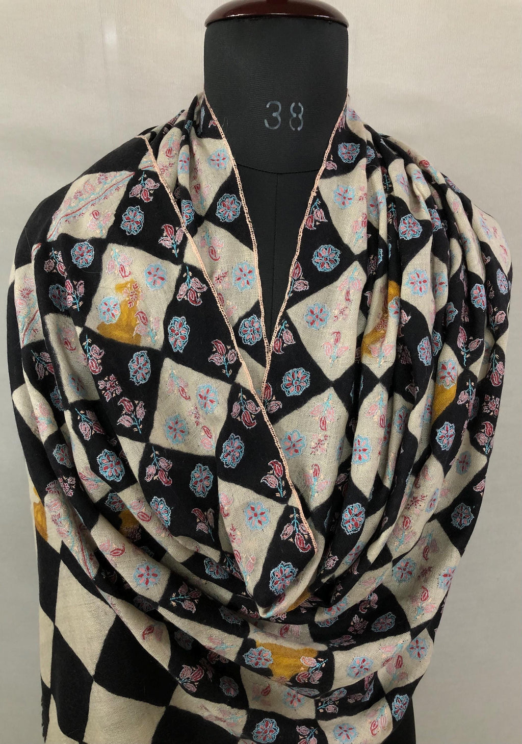 Black And White Hand Painted Chess Pattern With Elegant Floral Embroidery Handmade Real Cashmere Pashmina Stole - Mehraj Crafts 